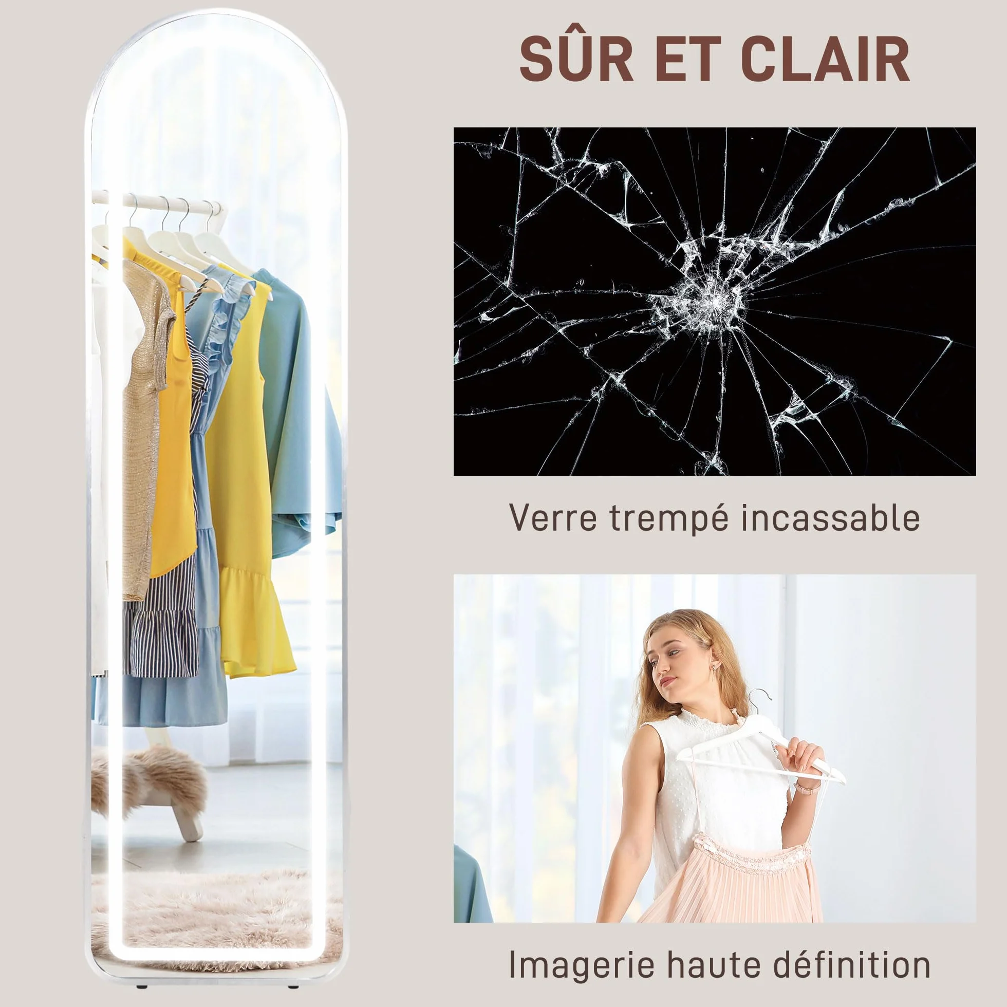 HOMCOM Miroir Pleine Longueur LED 150x40 cm 3 Couleurs Lumière Réglables Interrupteur Tactile Fonction Mémoire Argent