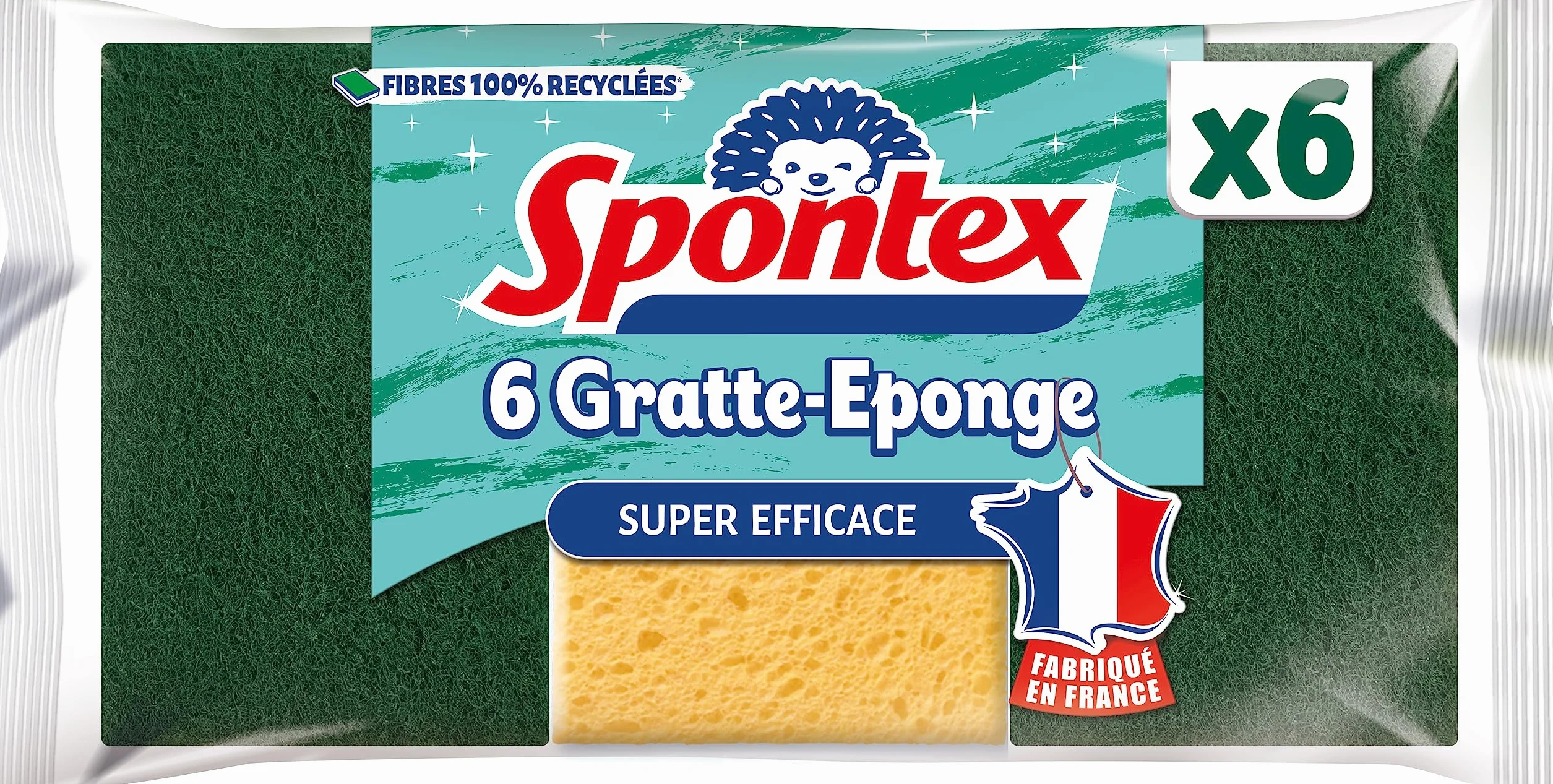 Spontex Gratte-Éponge Fibres Recyclées Lot de 6 Nettoyage Cuisine Vaisselle Lavable 40°C