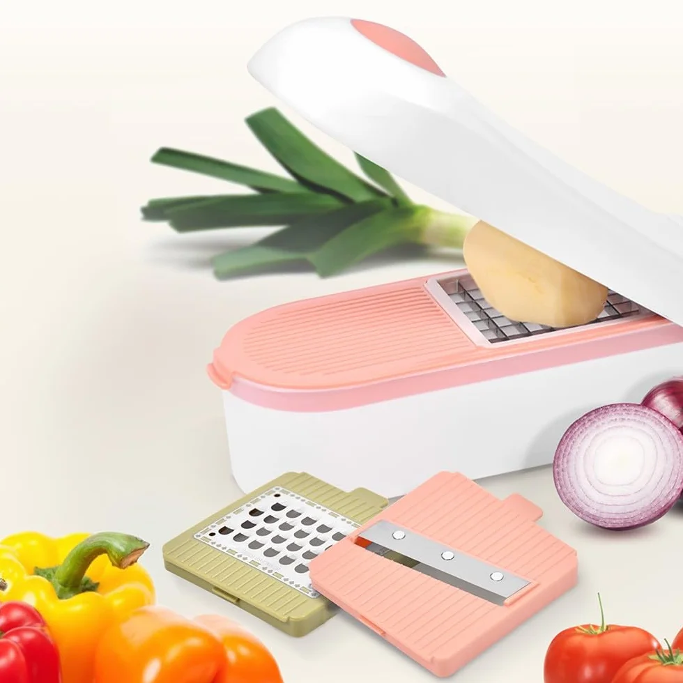 Durandal Coupe légumes et fruits sécurisé 3 lames inox tranche découpe frites rondelles dés râpe fromage bac récupérateur