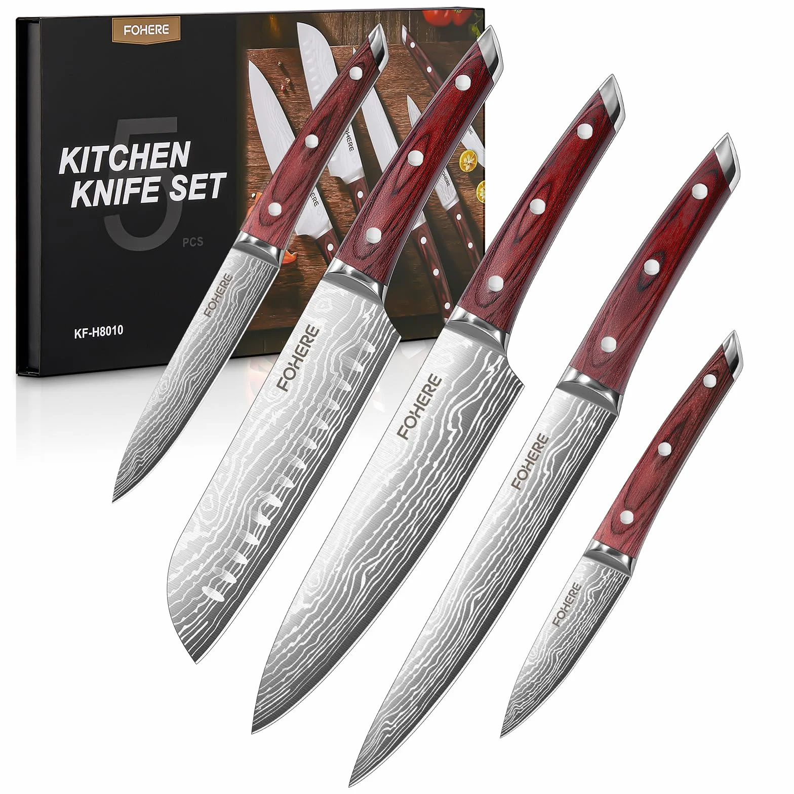 Couteau Cuisine FOHERE 5 Pièces Ensemble Acier Inoxydable Manche Bois Professionnel