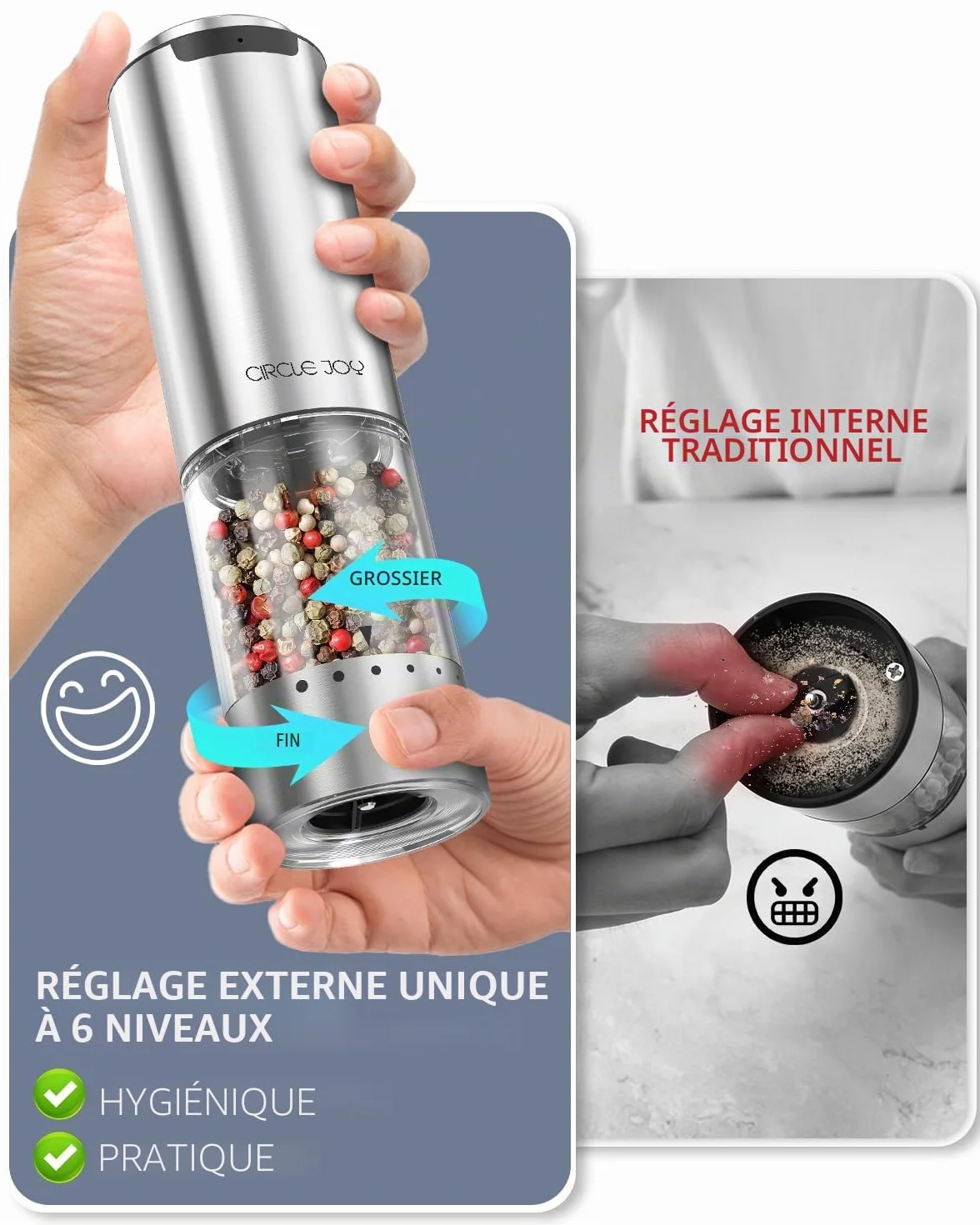 Moulin à Poivre Électrique en Acier Inoxydable Rechargeable 95ml avec Lumière LED Blanche