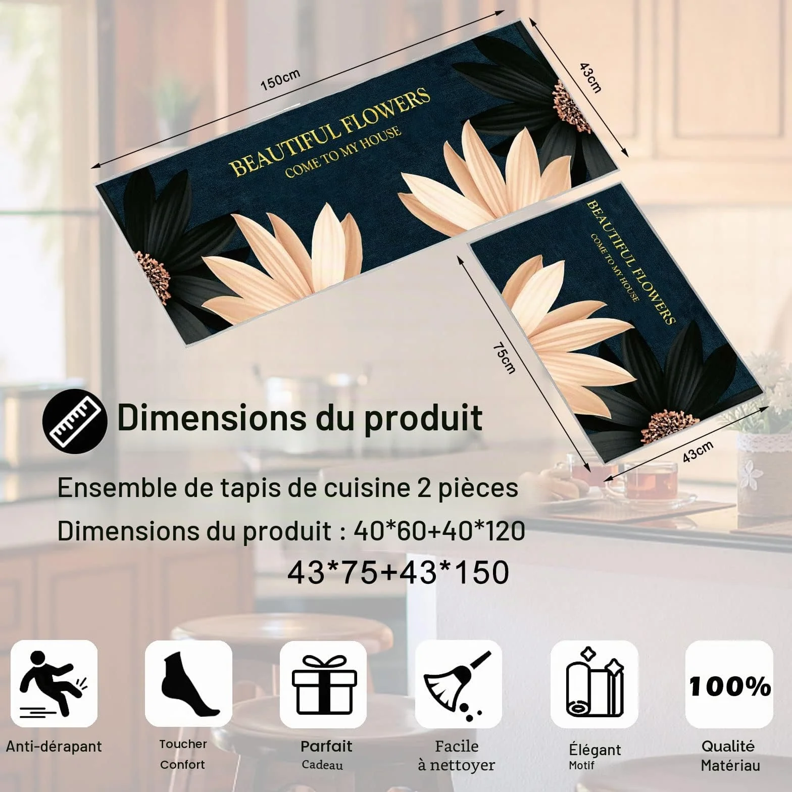 Lot de 2 Tapis de Sol Anti-Fatigue Imperméables Antidérapants Confortables Floral A 40x60+40x120cm