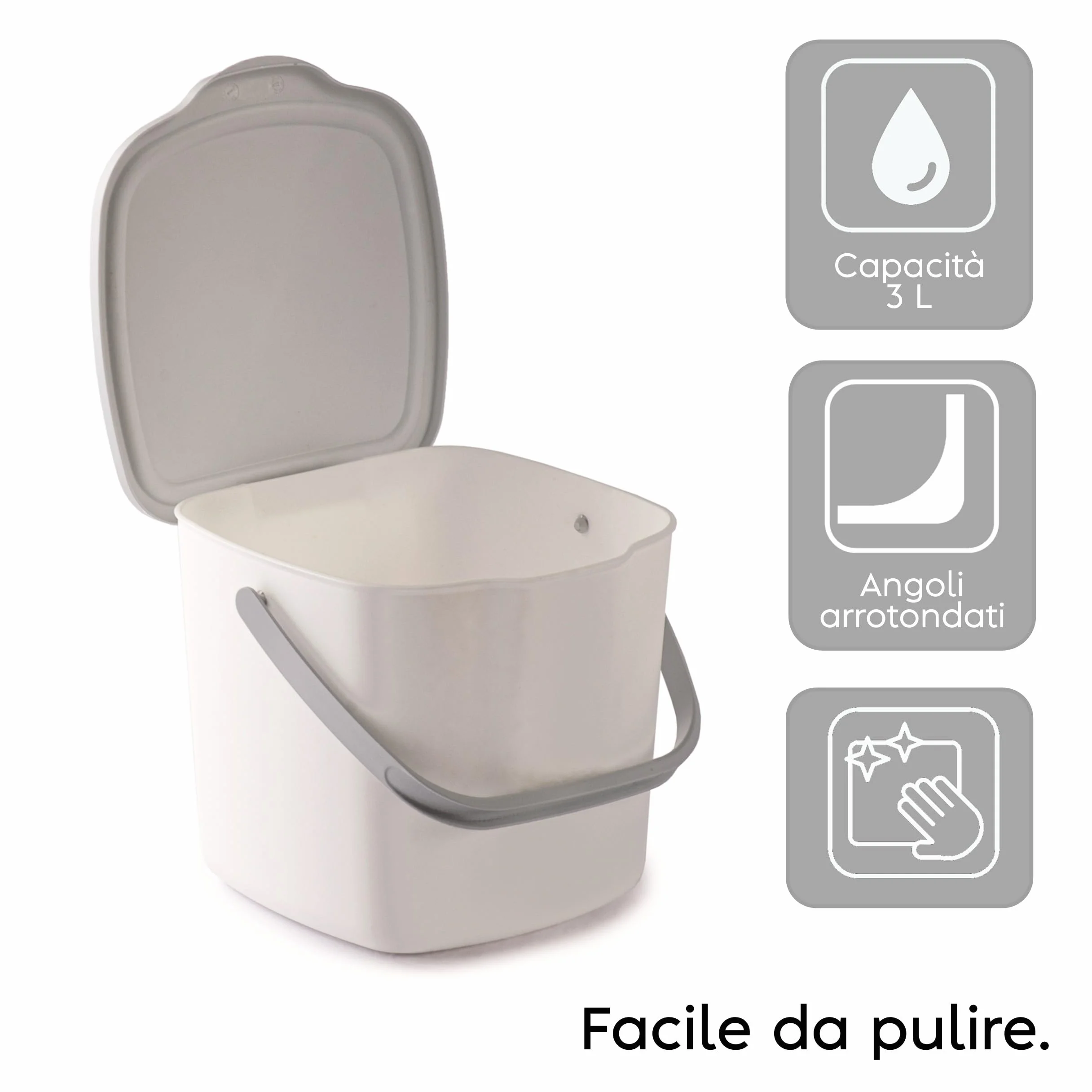 Poubelle Compost Cuisine avec Couvercle et Poignée 3L, Composteur Cuisine, 20,5 x 18,5 x 16,7 cm, Blanche Made in Italy