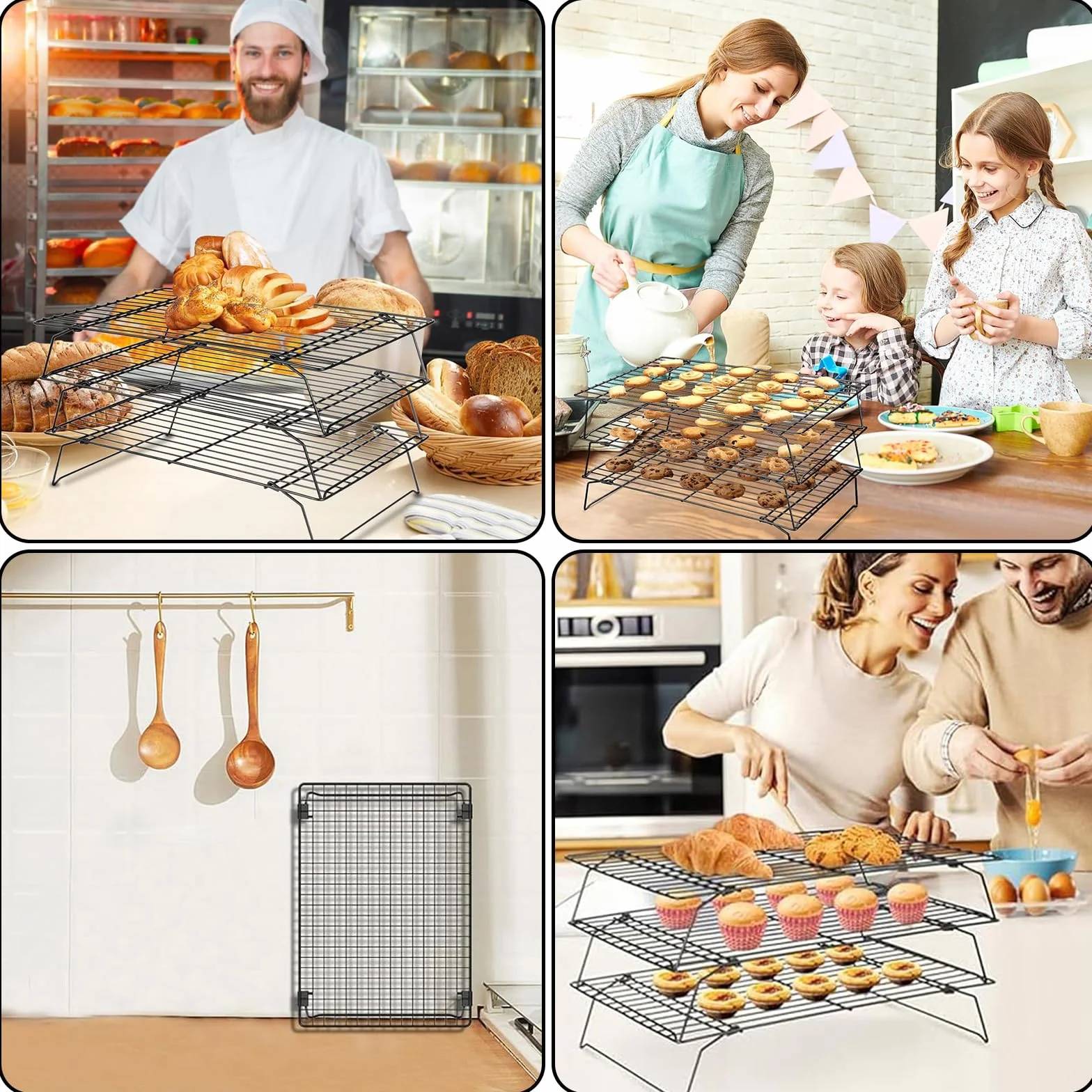 Grille de Refroidissement Acier Inoxydable 40 x 25 cm Lot de 3 Empilables Noir