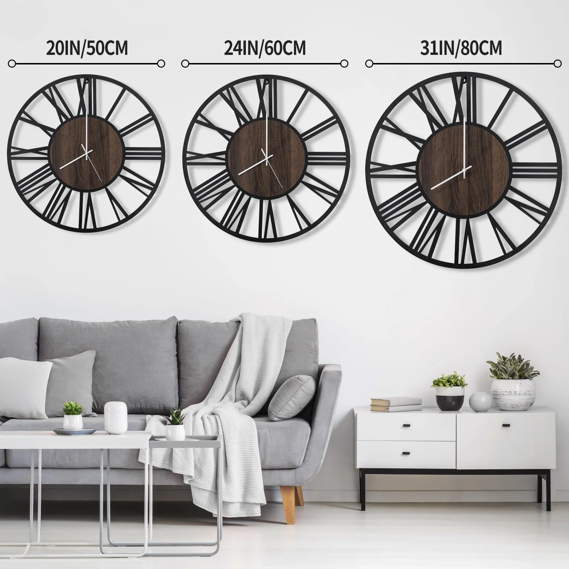 Maxstar Horloge Murale 80cm Silencieuse Style Bois Métal LED Moderne Chiffres Romains Noir