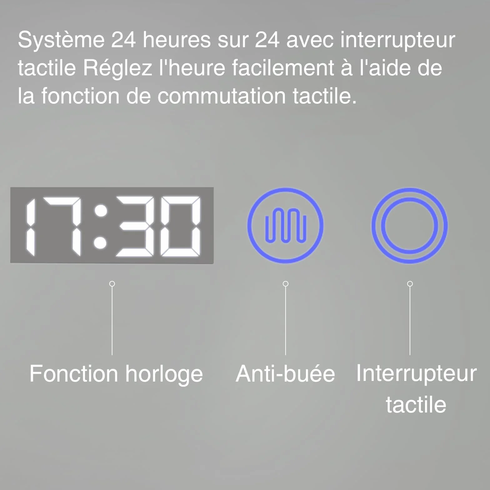 YOURLITE Miroir Salle de Bain LED 80x60 cm Dimmable 3 Couleurs Antibuée Affichage Horloge Température IP44 Blanc