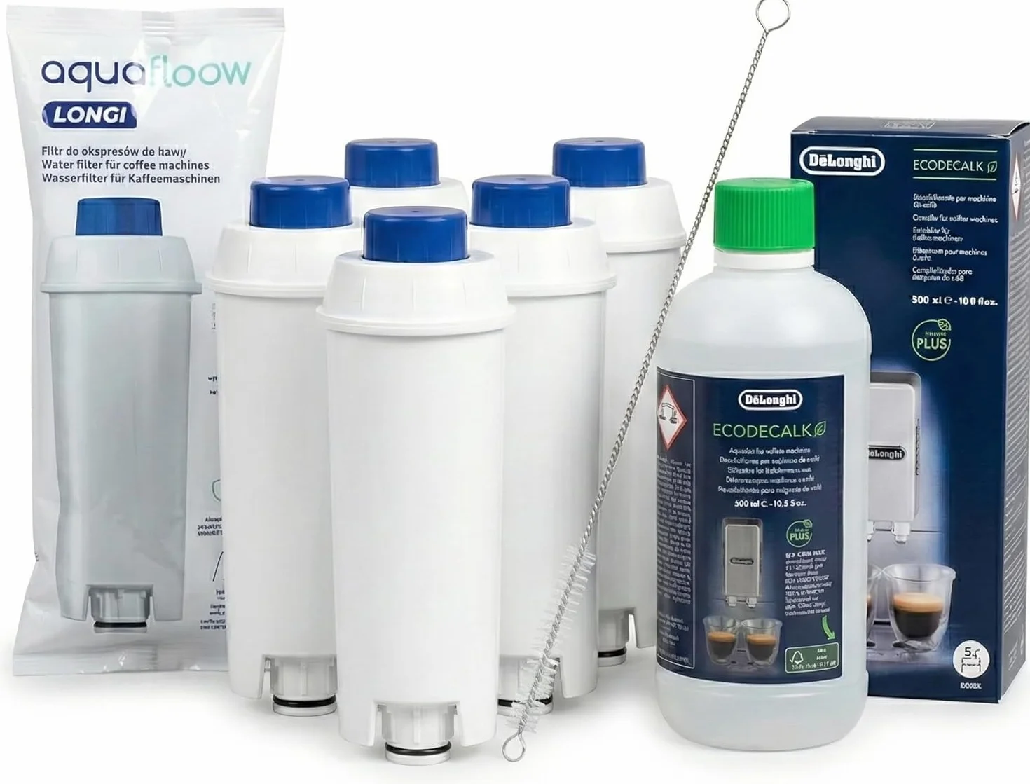 Aquafloow Filtre à eau compatible DeLonghi DLSC002 Détartrant EcoDecalk 500ml Kit entretien machine à café Magnifica S Evo Dinamica brosse nettoyage
