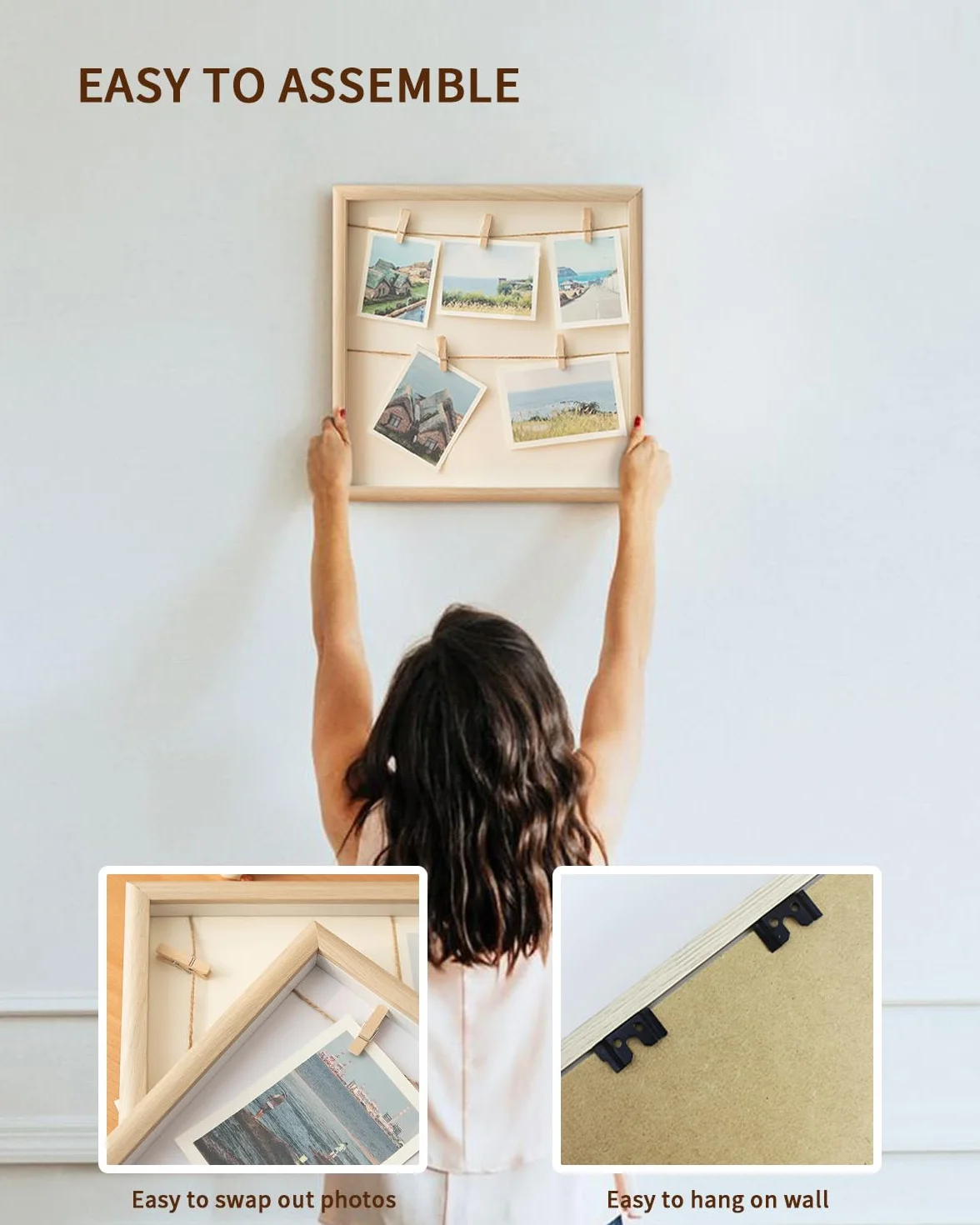 Bois Pele Mele Porte Photo Mural avec 2 Suspension Cordes et 7 Pinces, Cadre Images Collage Décoration Maison