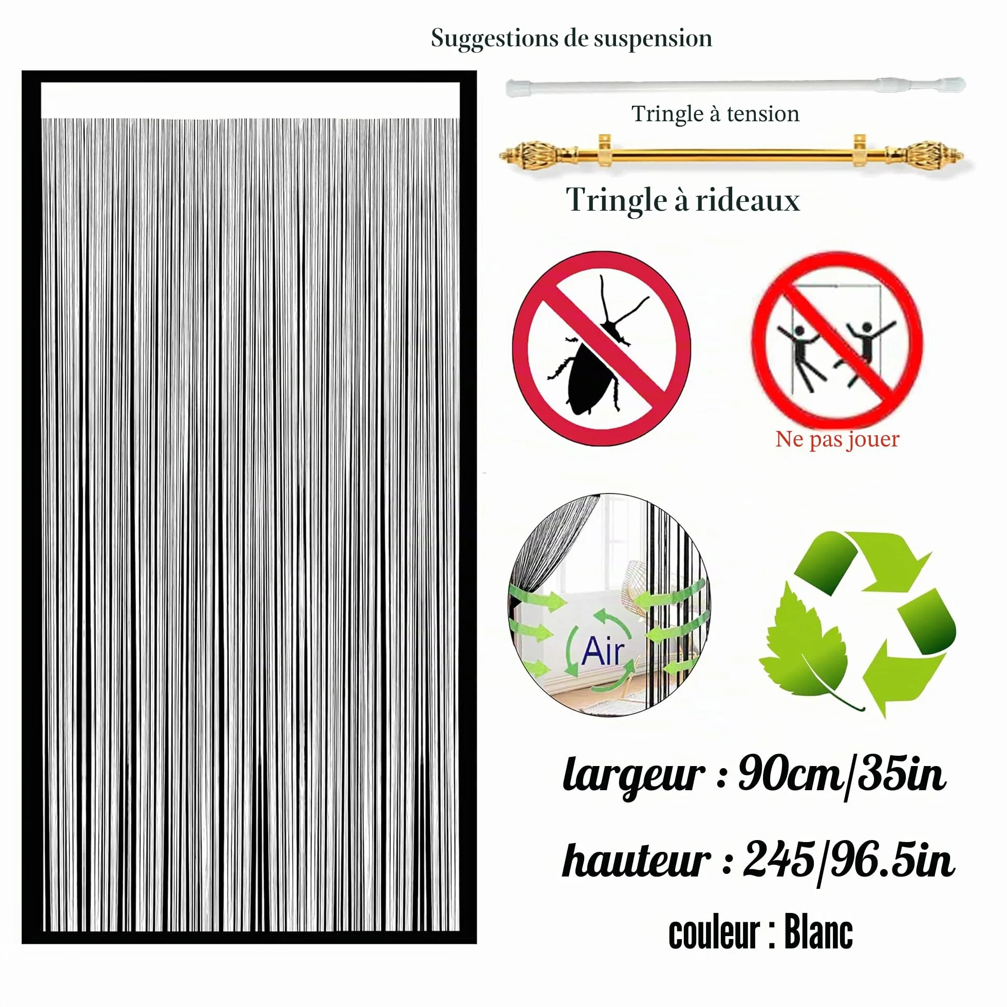Rideau Anti Mouches Porte Extérieur 90 x 245 cm Blanc Moustiquaire Fenêtre