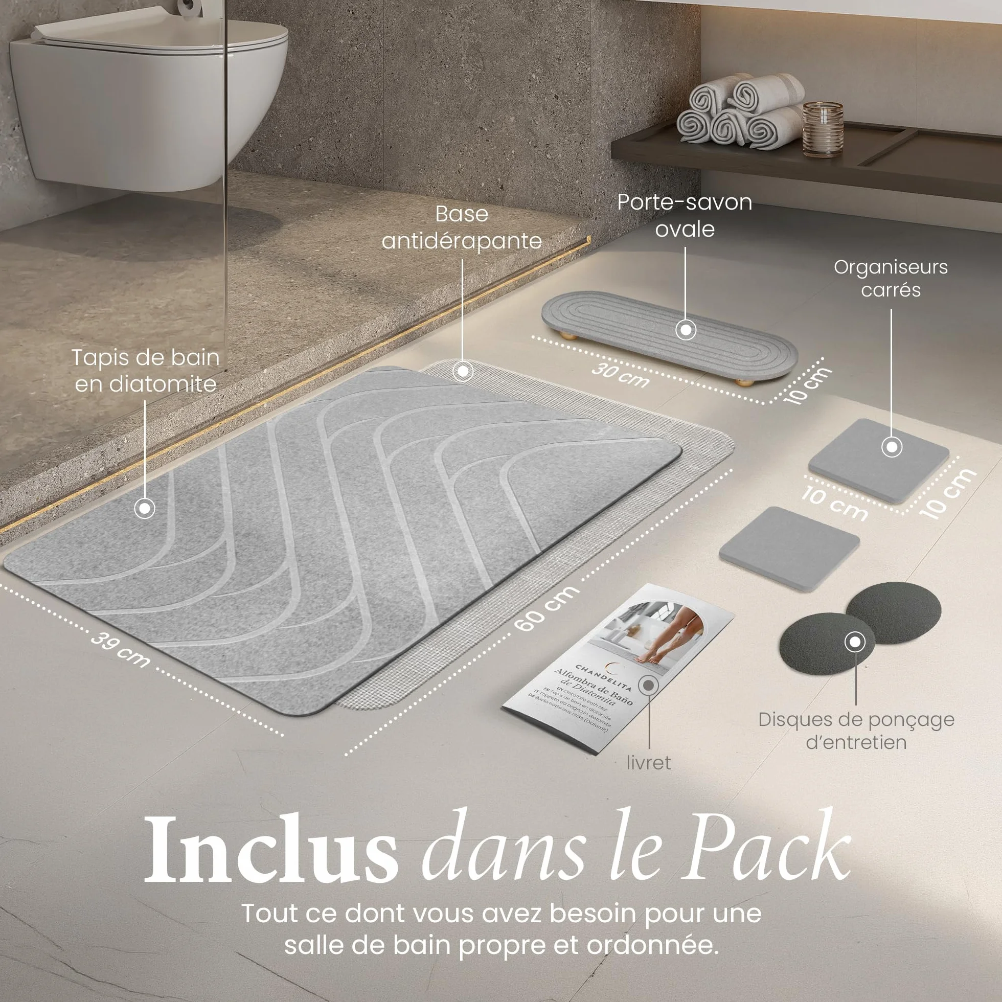 Tapis de Bain Diatomite 60×39 cm Antidérapant Absorbant Hygiénique Résistant aux Moisissures Séchage Rapide