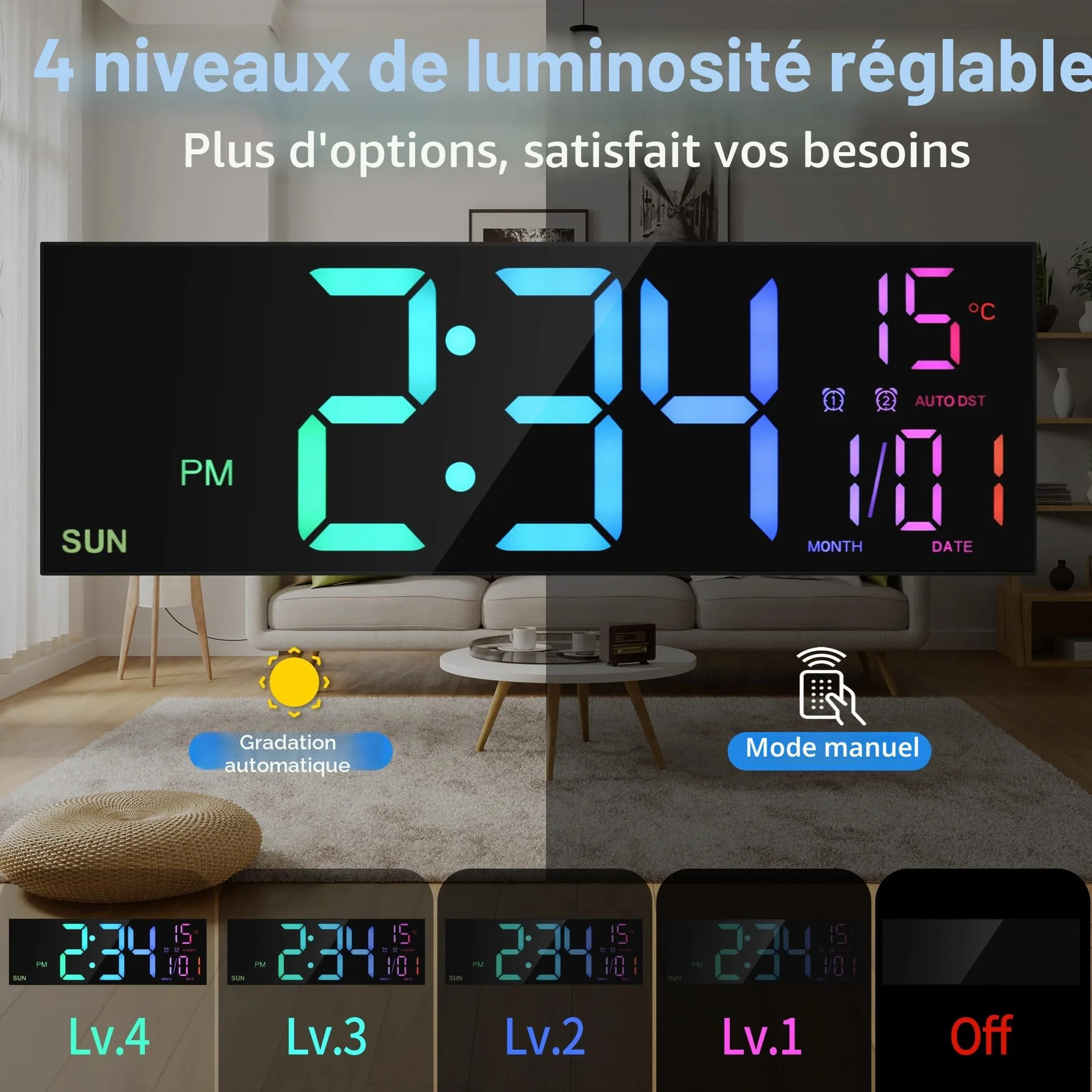 HAITANG Grande Horloge Murale Numérique 16" RVB LED Double Alarme Télécommande Température
