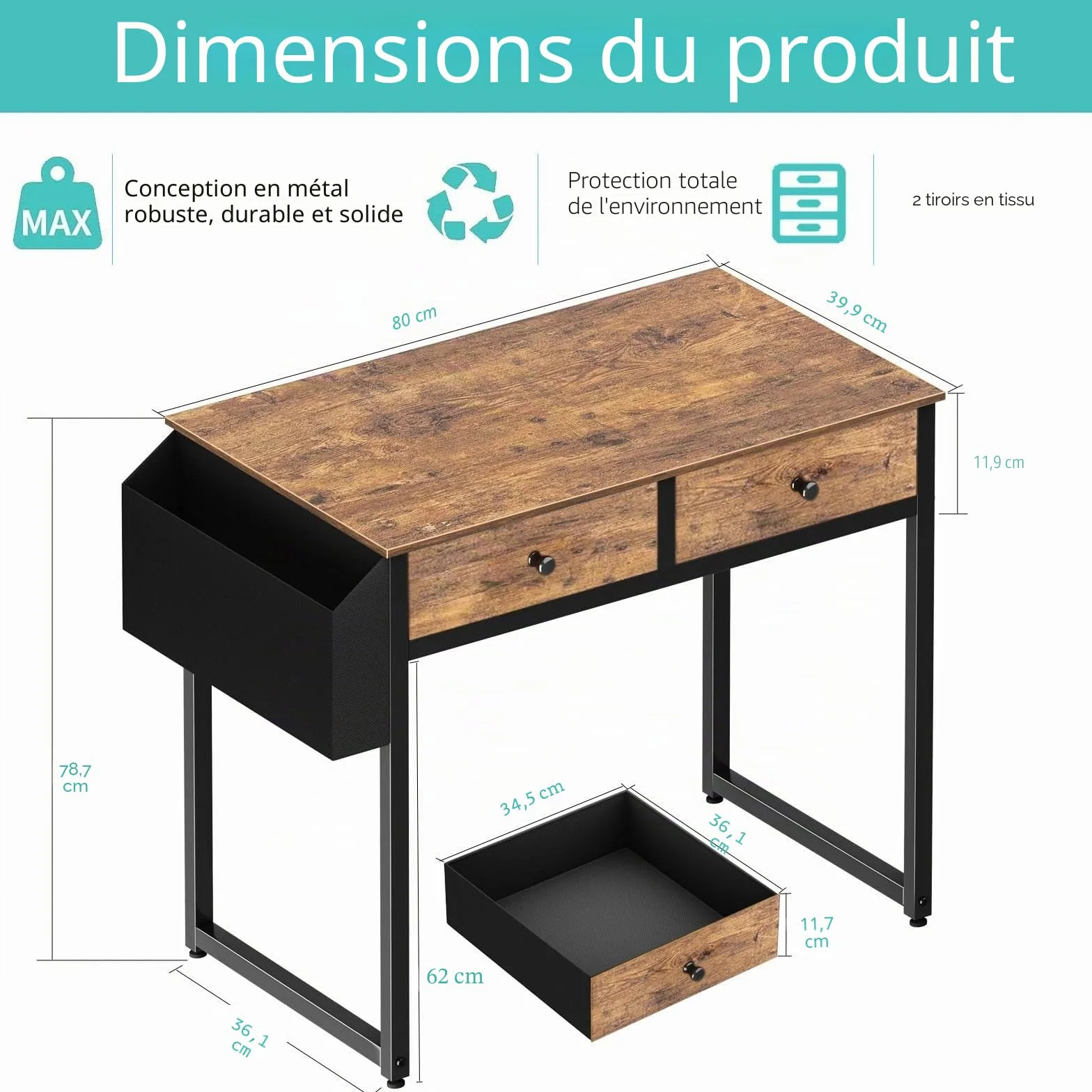 Bureau d'ordinateur avec 2 tiroirs 80cm Lufeiya Petit PC Bureau Informatique Rangement
