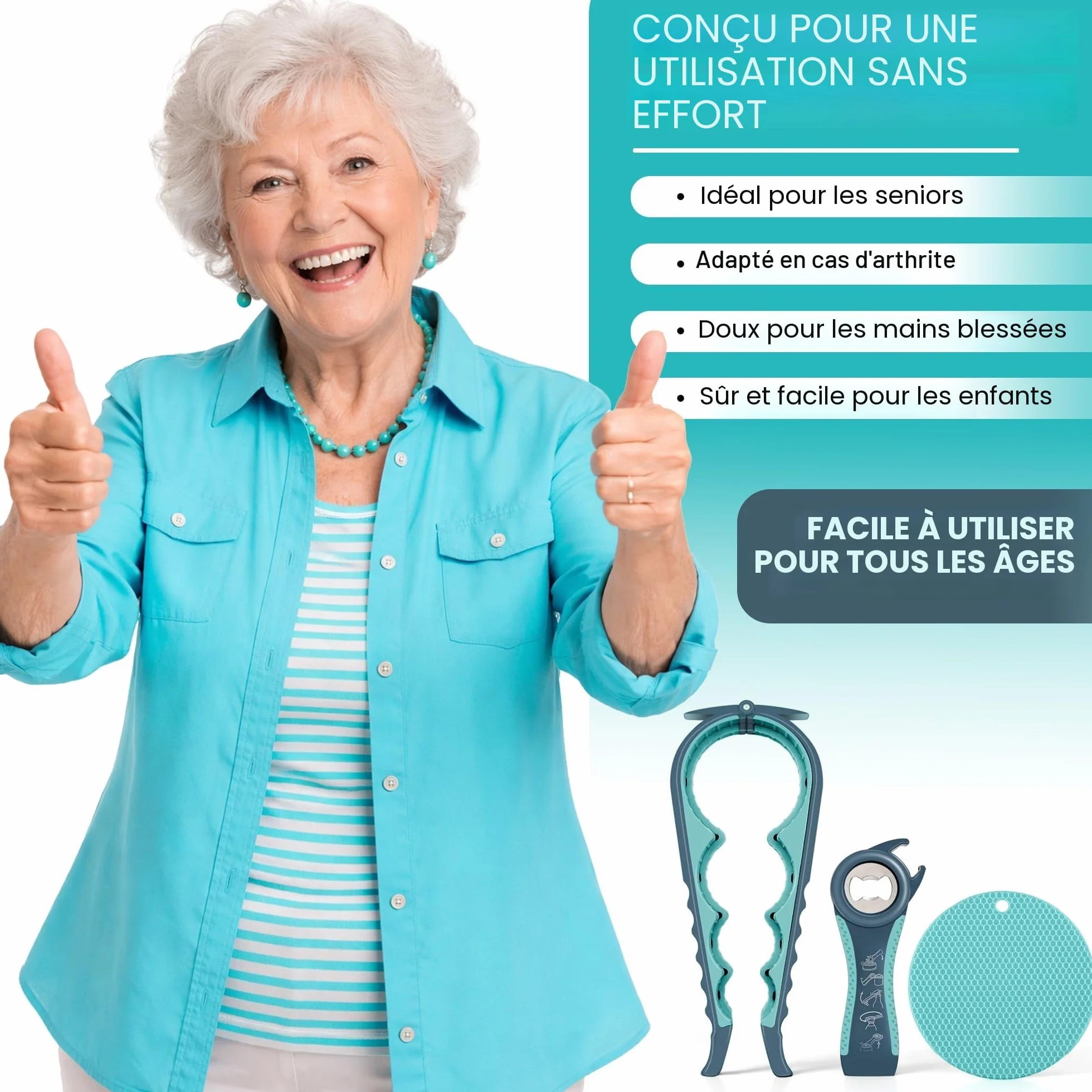 Ouvre-bocal multifonction 5 en 1 avec caoutchouc antidérapant pour mains faibles et arthritiques