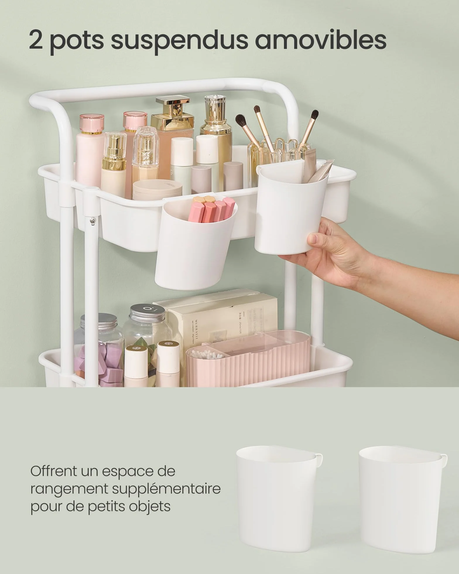 SONGMICS Chariot de Rangement 4 Niveaux sur Roulettes avec Poignée et Freins Blanc