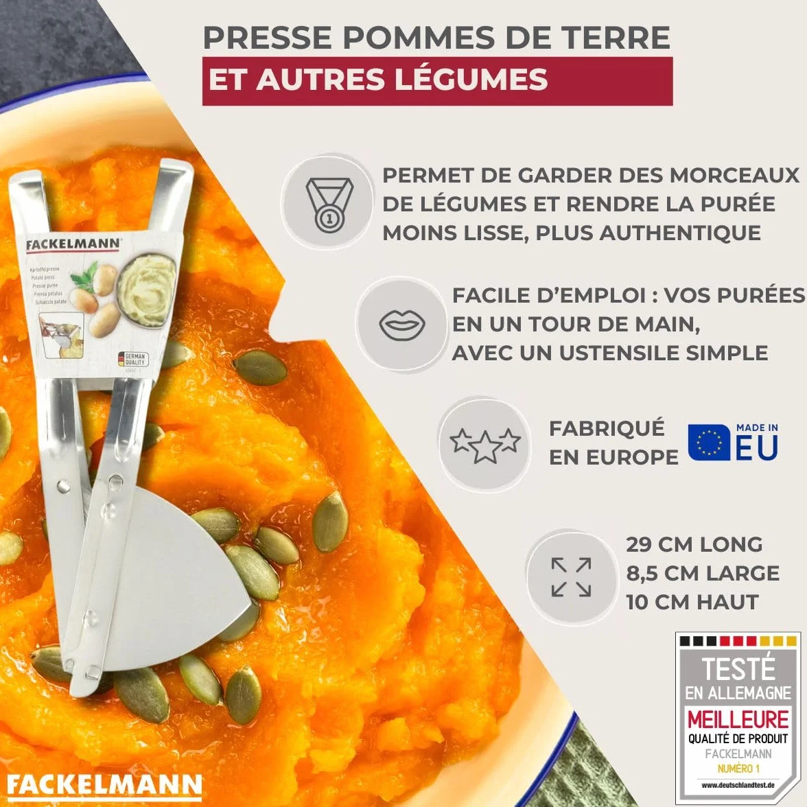 Fackelmann Presse-purée à levier, Acier inoxydable, 29 x 10 x 8,5 cm