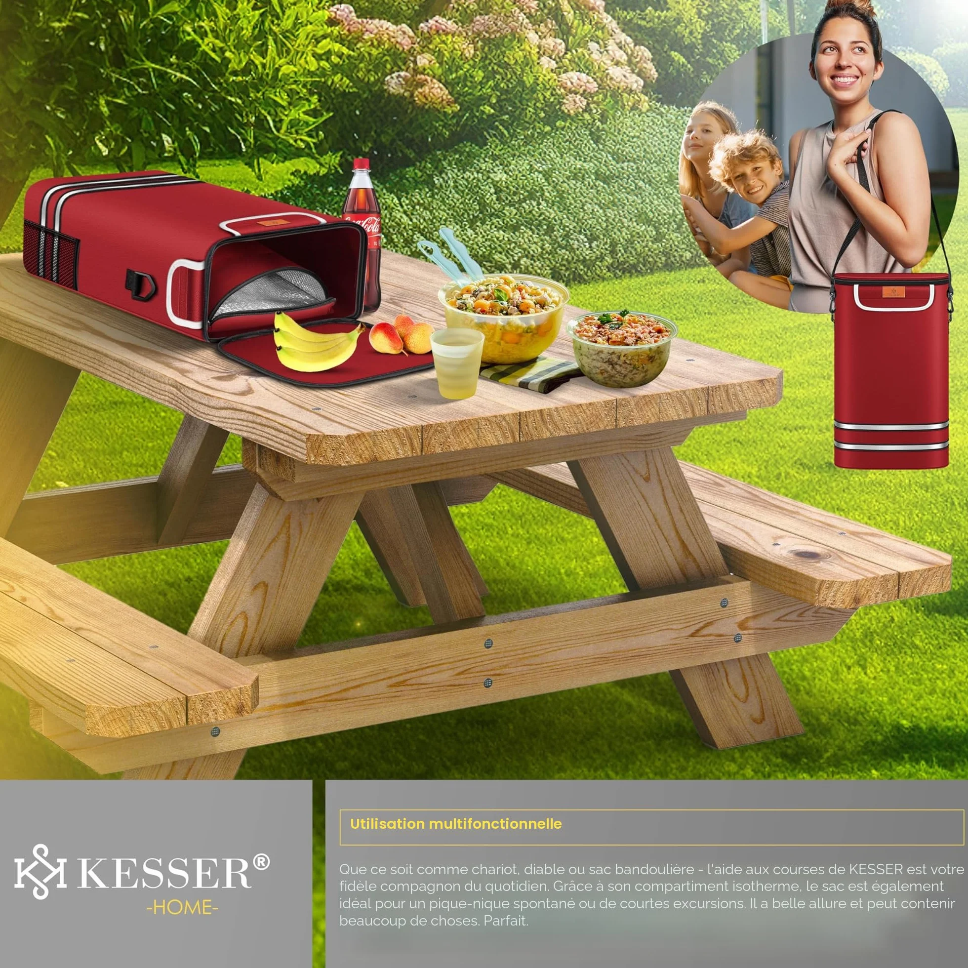 KESSER Chariot à provisions 56 L 50 kg pliable 3 en 1 avec compartiment réfrigérant Bordeaux