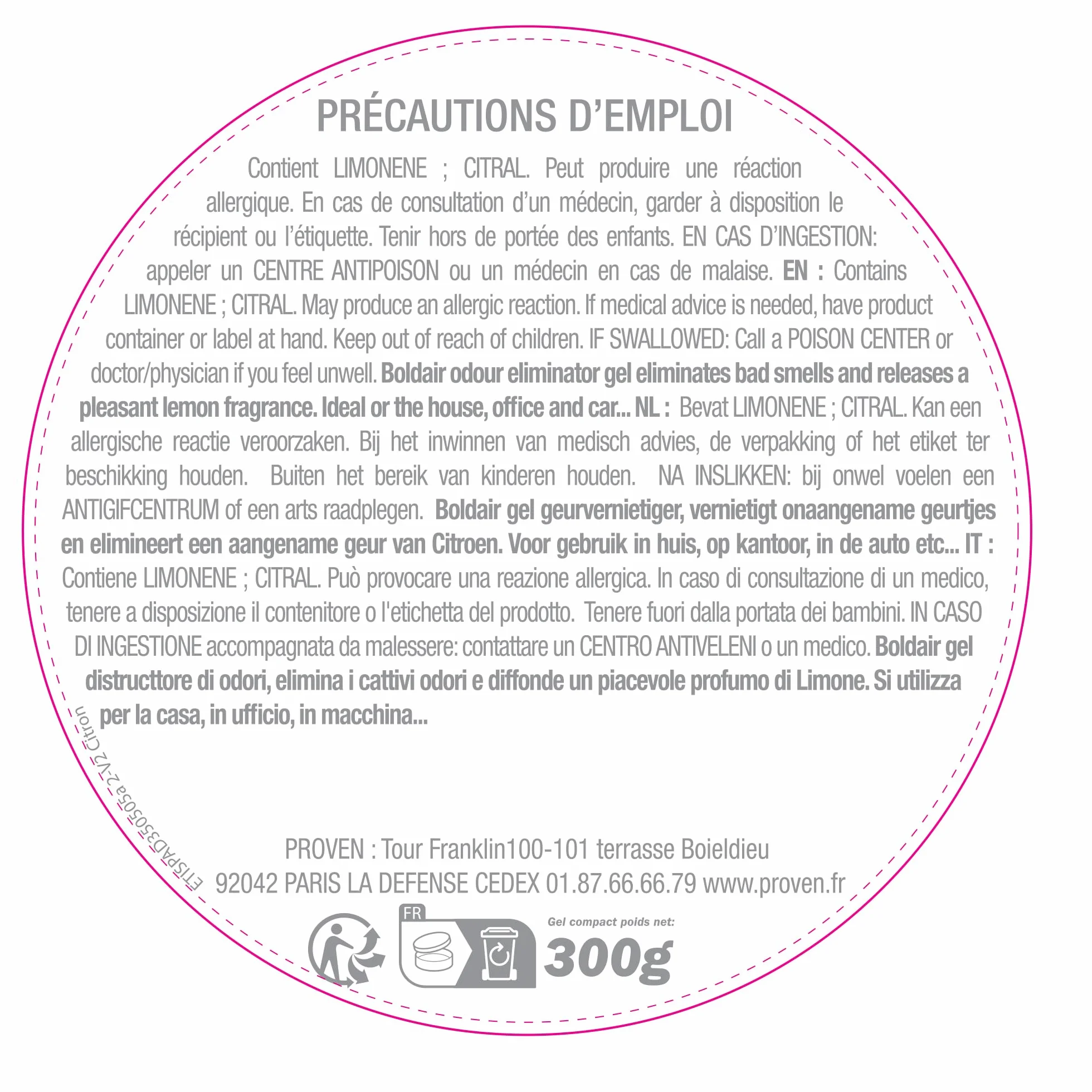 BOLDAIR Gel destructeur d'odeur Citron 300g Fabrication française