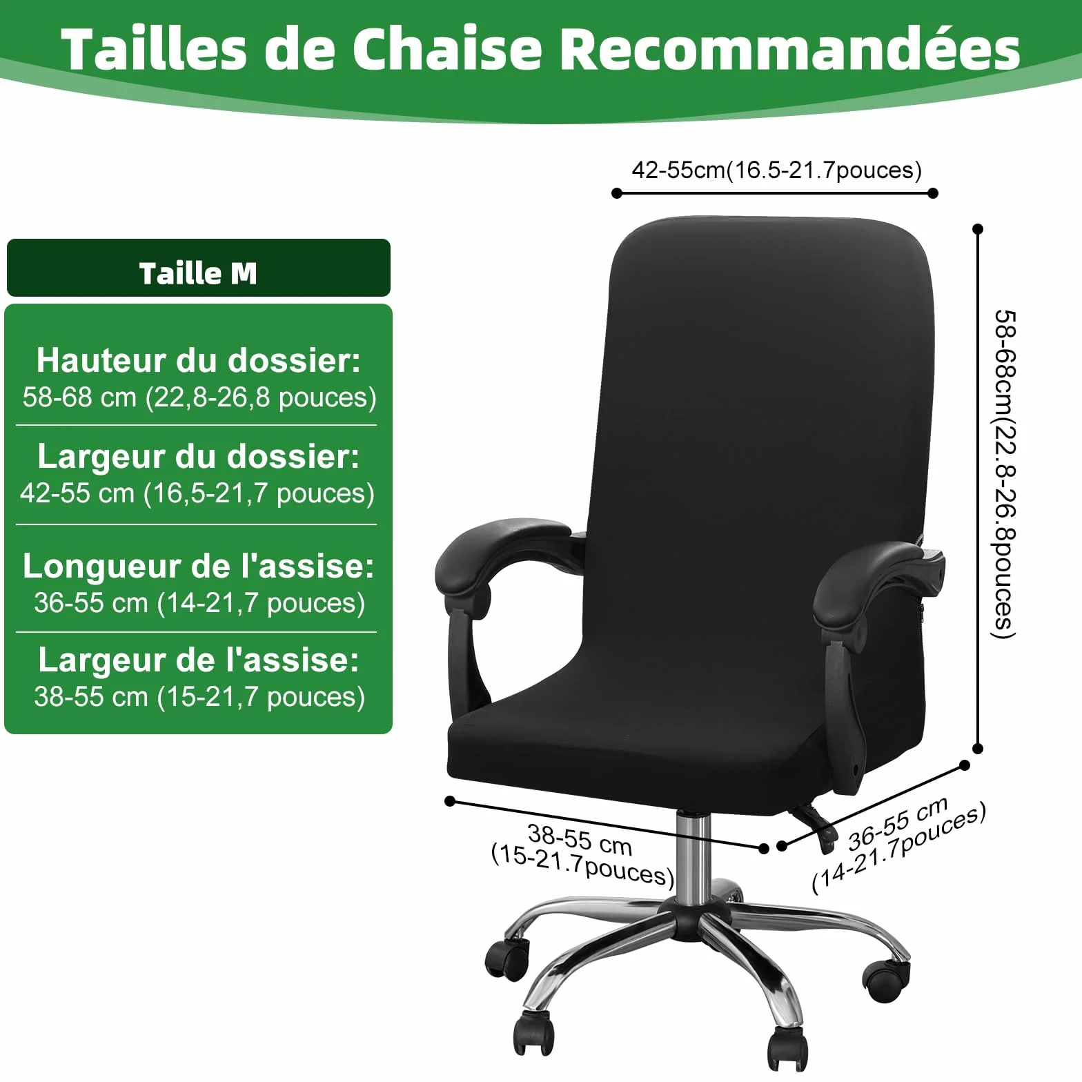 Housse de Chaise de Bureau Dioxide, Fauteuil Bureau à Fermeture Éclair Lavable Universelle Noir M