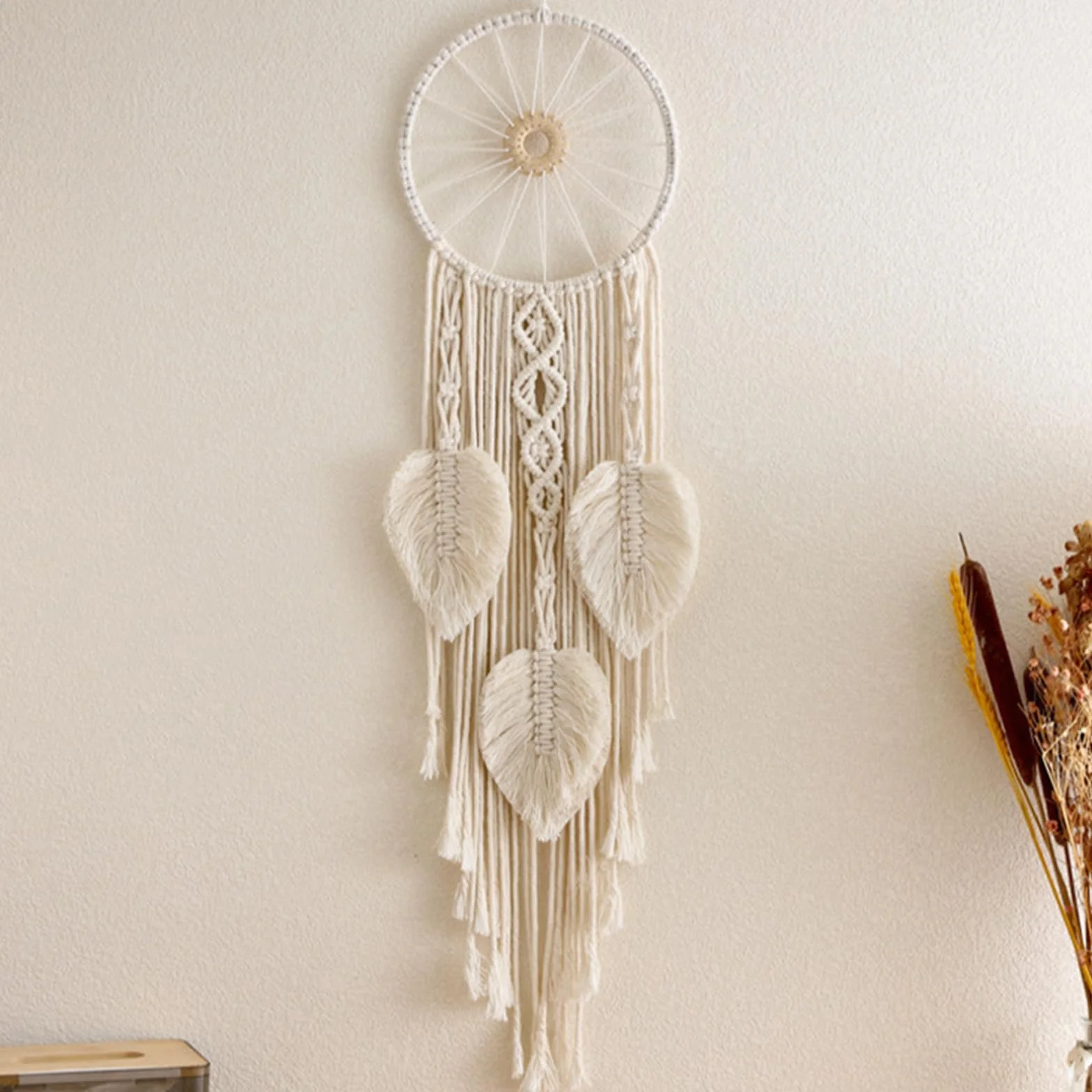 Attrape-rêves feuille tissée double cercle macramé tenture murale beige