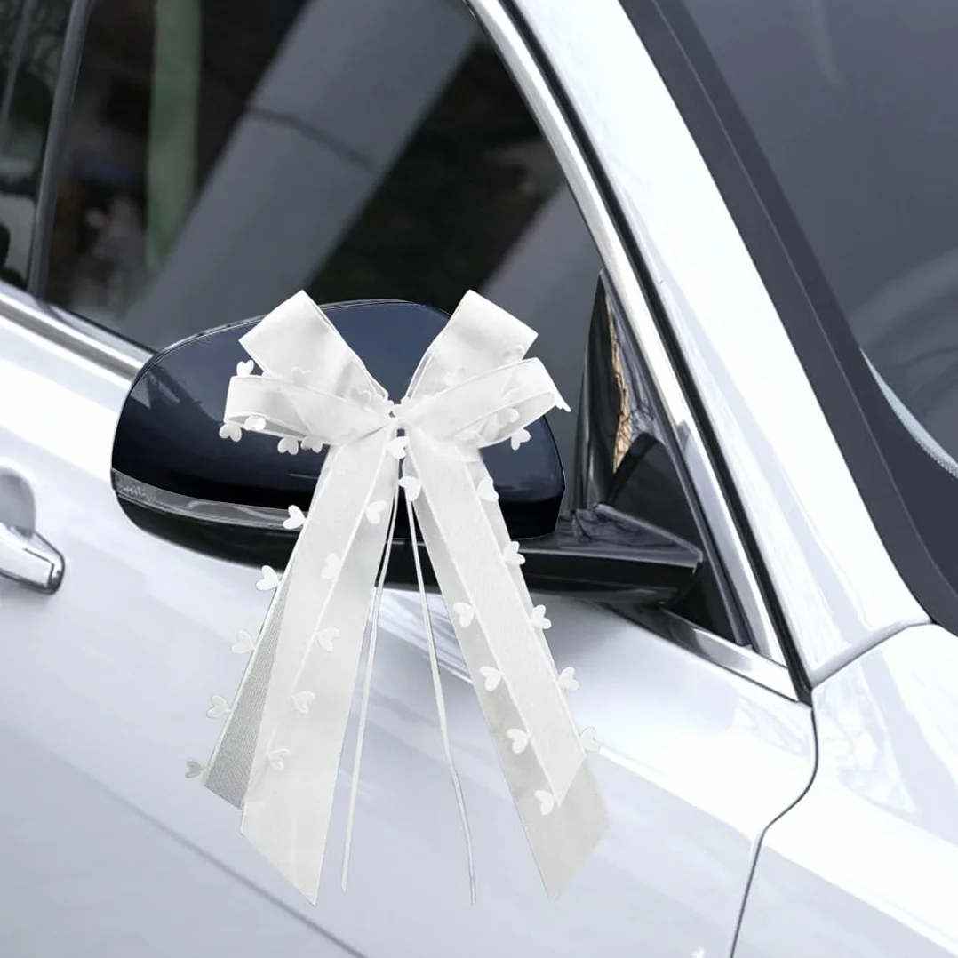 Nœuds de Voiture Mariage Décoration, Ruban avec Cœurs et Dentelle, Noeuds Décoratifs pour Voiture de Mariée (16×26 CM)