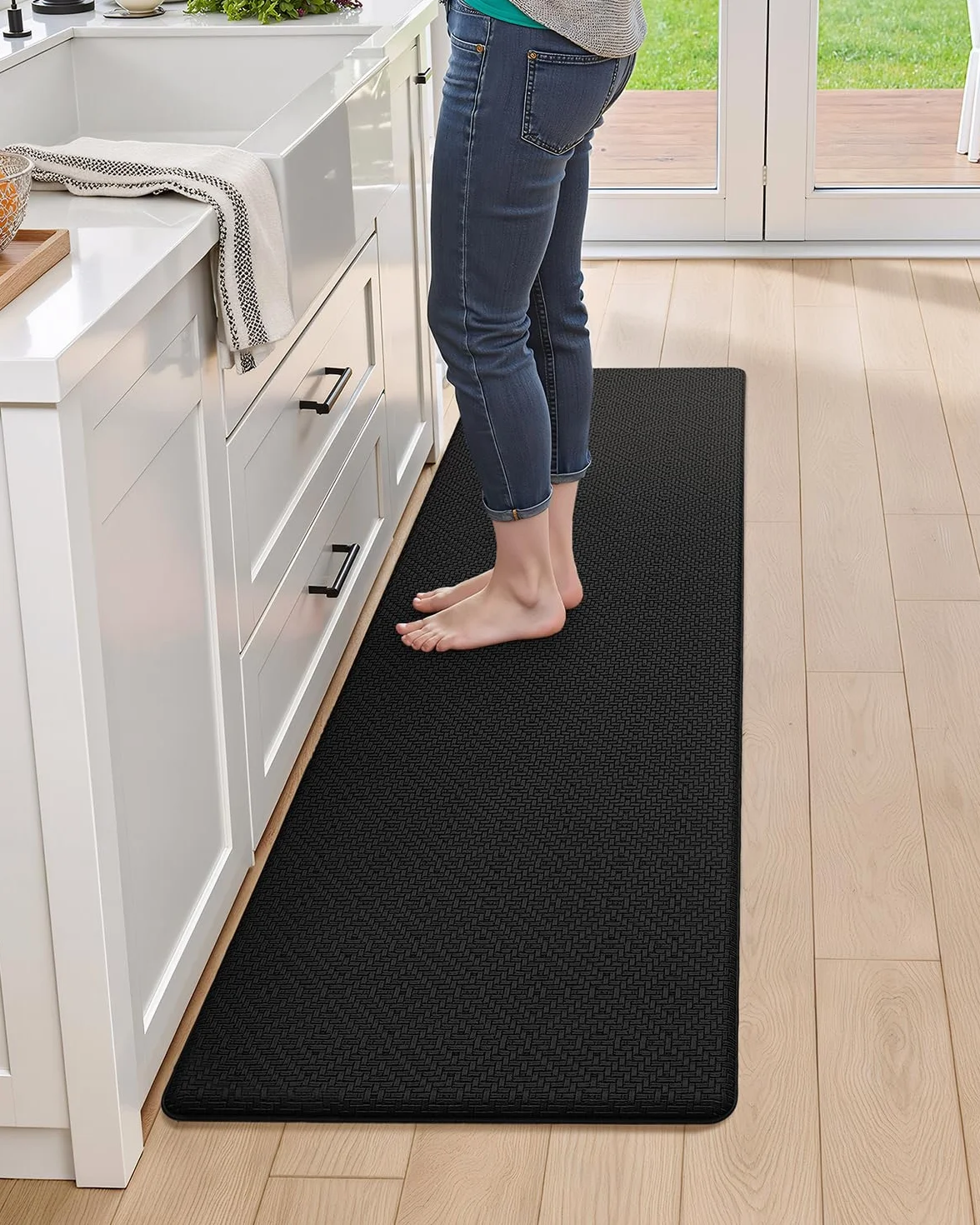 Tapis de Cuisine Lavables Lot de 2 44x75+44x150cm Vinyle Antidérapant Anti-Fatigue Noir