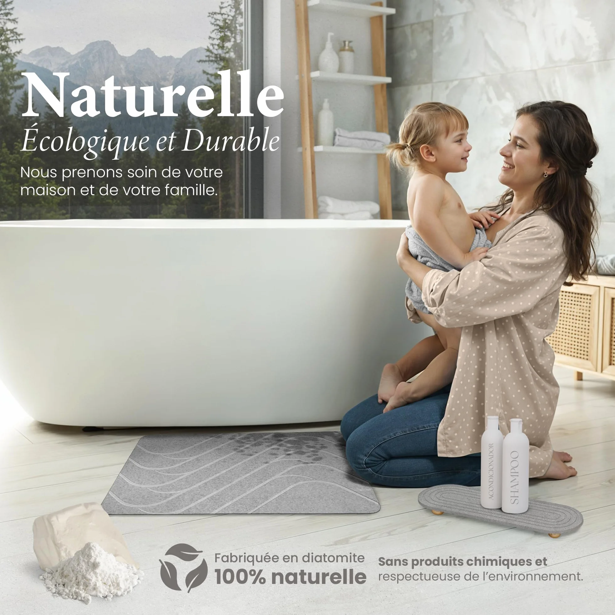 Tapis de Bain Diatomite 60×39 cm Antidérapant Absorbant Hygiénique Résistant aux Moisissures Séchage Rapide