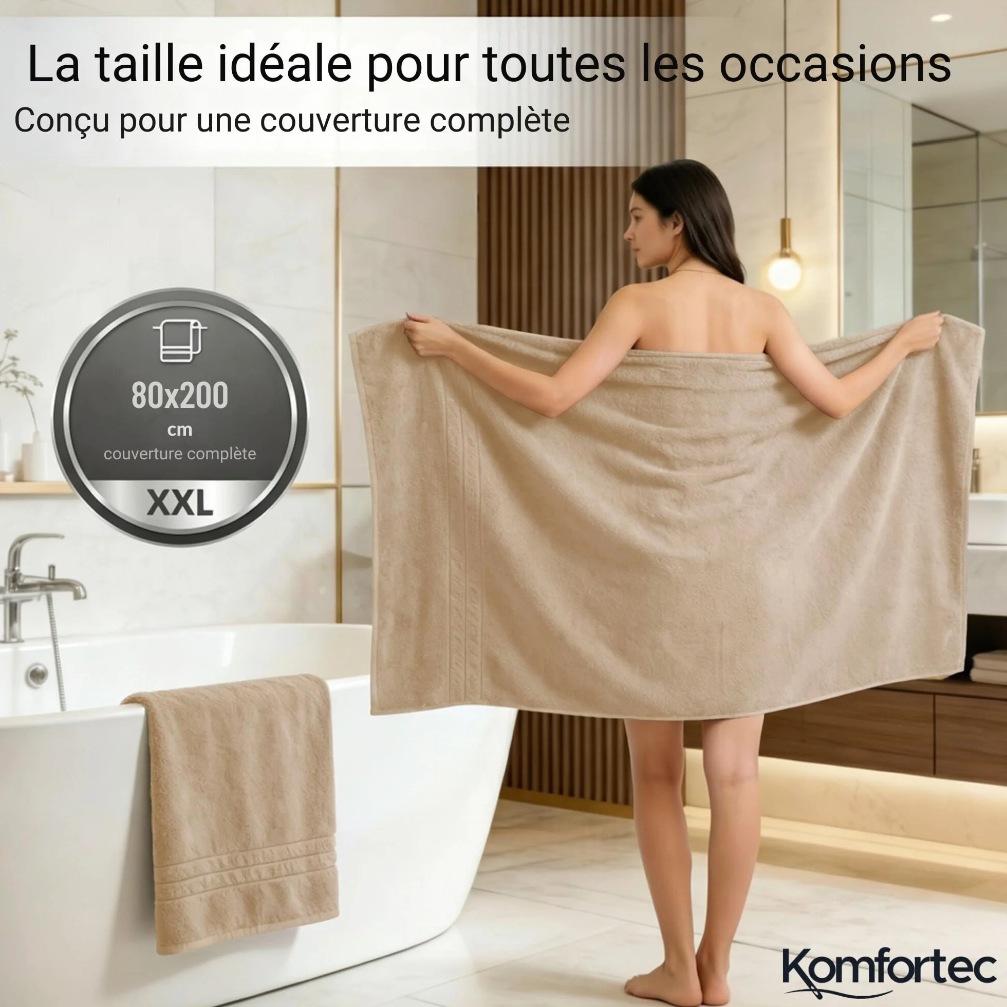 Komfortec Lot de 2 Serviettes de Sauna 80 x 200 cm 100% Coton XXL Beige