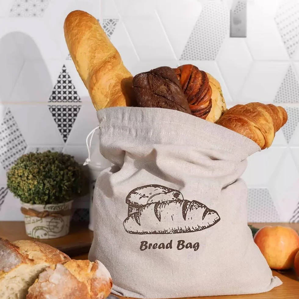 Sac à Pain Tissu Réutilisable 44 x 29 cm avec Cordon de Serrage pour Cuisine, Pain, Fruits et Légumes