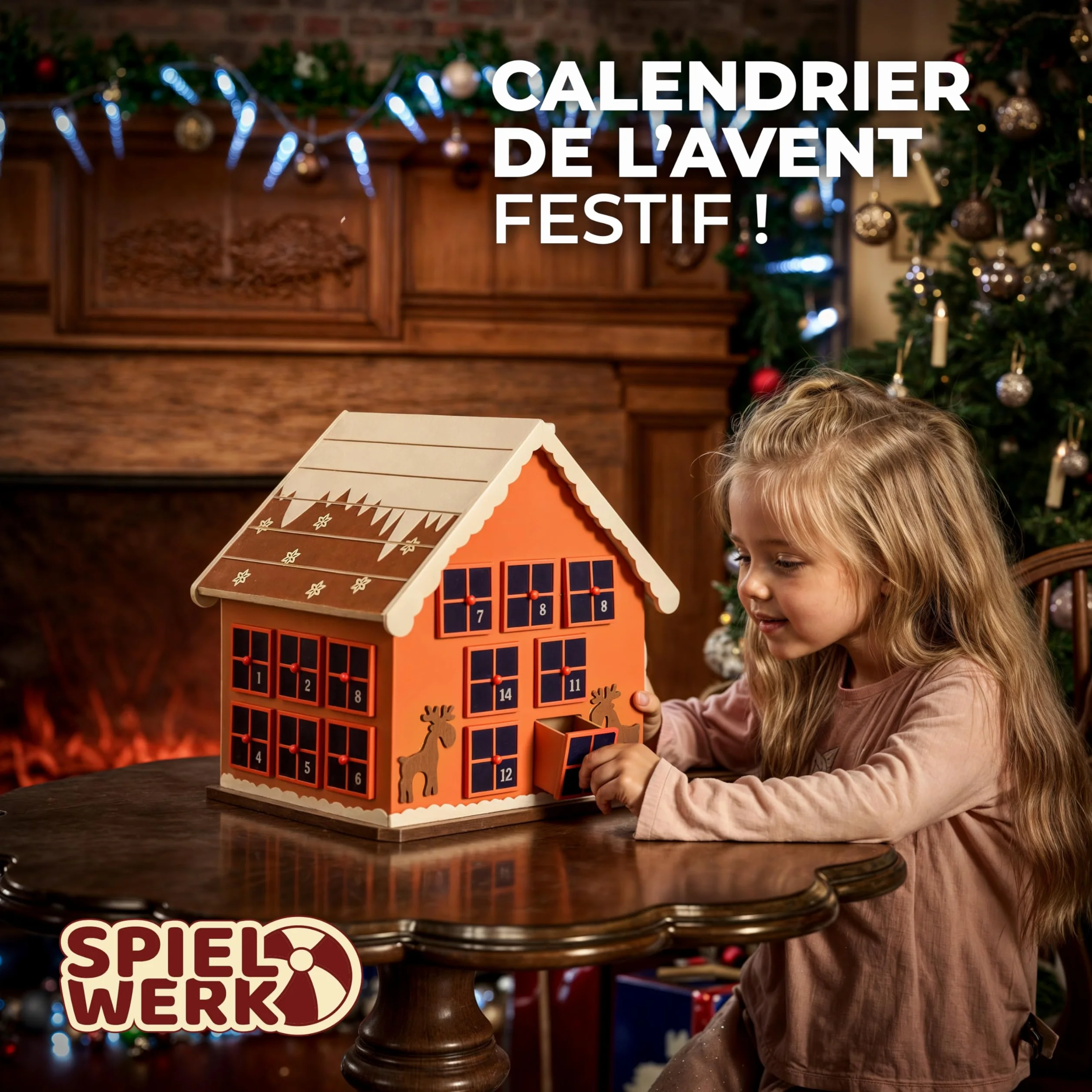 Spielwerk Calendrier de l'Avent en Bois Réutilisable 24 Tiroirs Maison en Pain d'épices