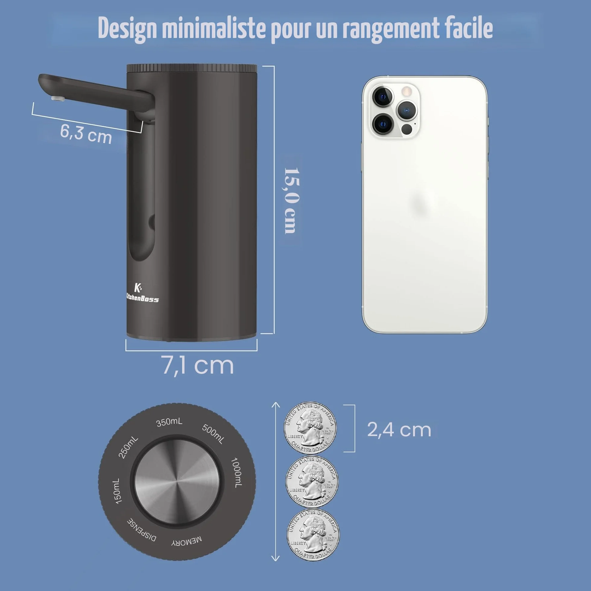 KitchenBoss Pompe Distributeur d'Eau Électrique USB Type-C pour Bouteilles 3.8-18.9 L Noir