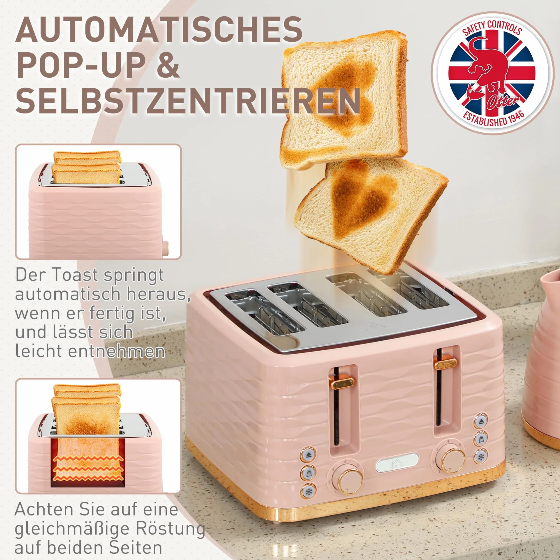 HOMCOM Set petit-déjeuner bouilloire 1,7 L grille-pain 4 tranches 2200 W 7 niveaux grillage thermostat Otter rose