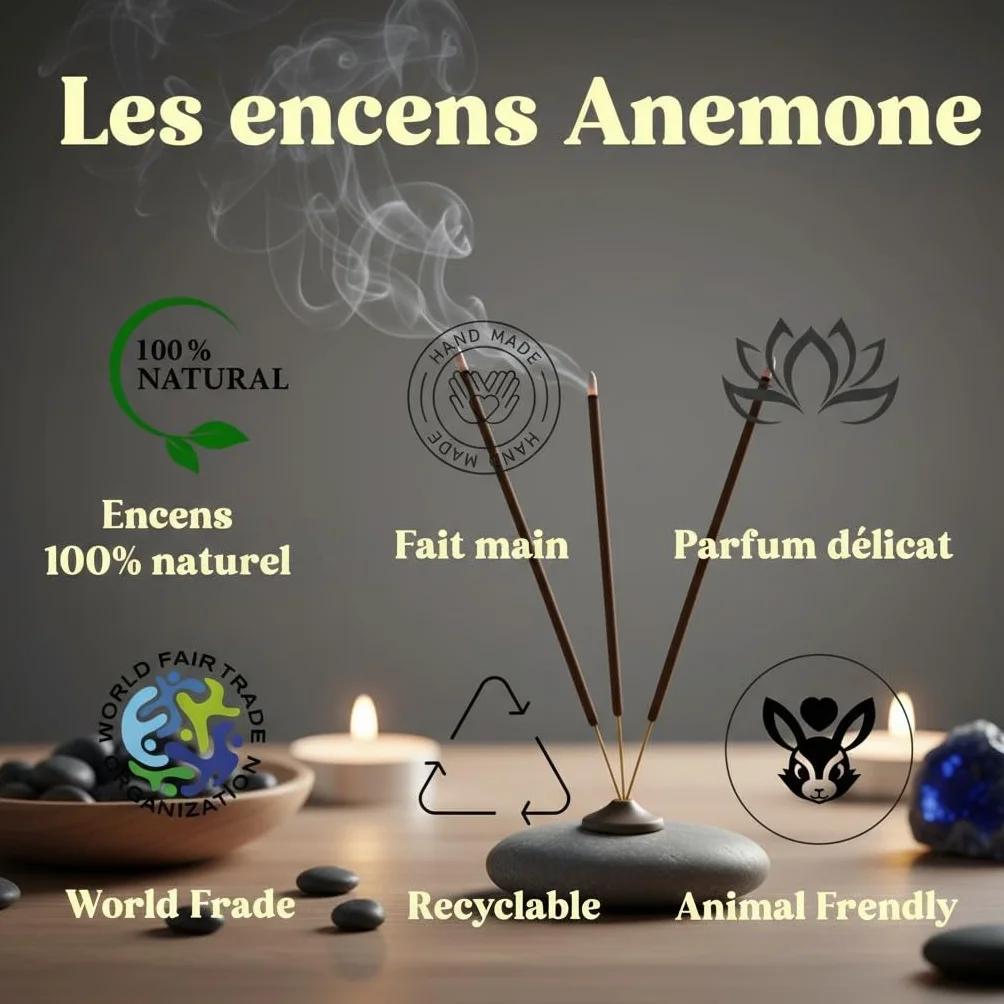 Encens Anemone 100% Naturel Artisanal Parfum Frais Purifiant Jasmin 3 Boîtes