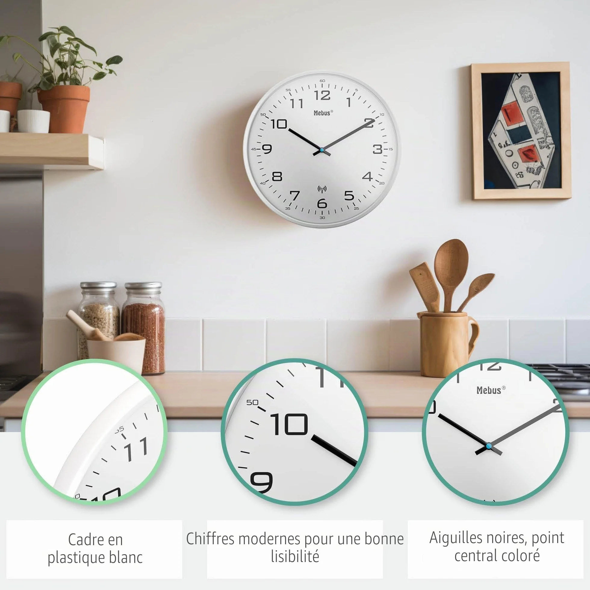 Mebus Horloge Murale Radio-pilotée Silencieuse 30 cm Cadre Blanc Cadran Blanc