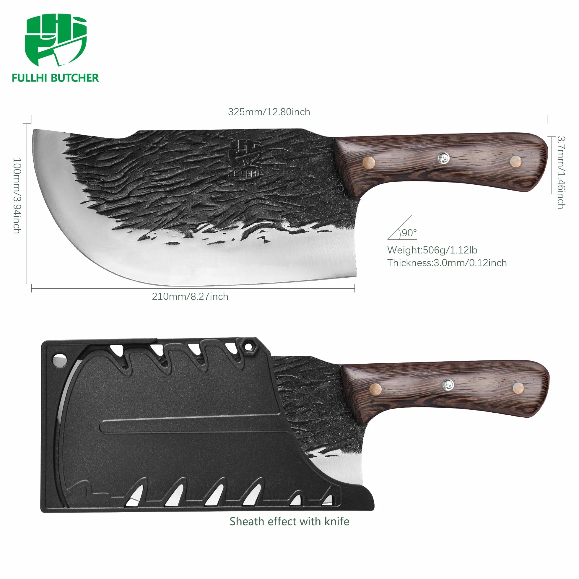 FULLHI Couperet à viande lourd en acier à haute teneur en carbone 21cm avec gaine
