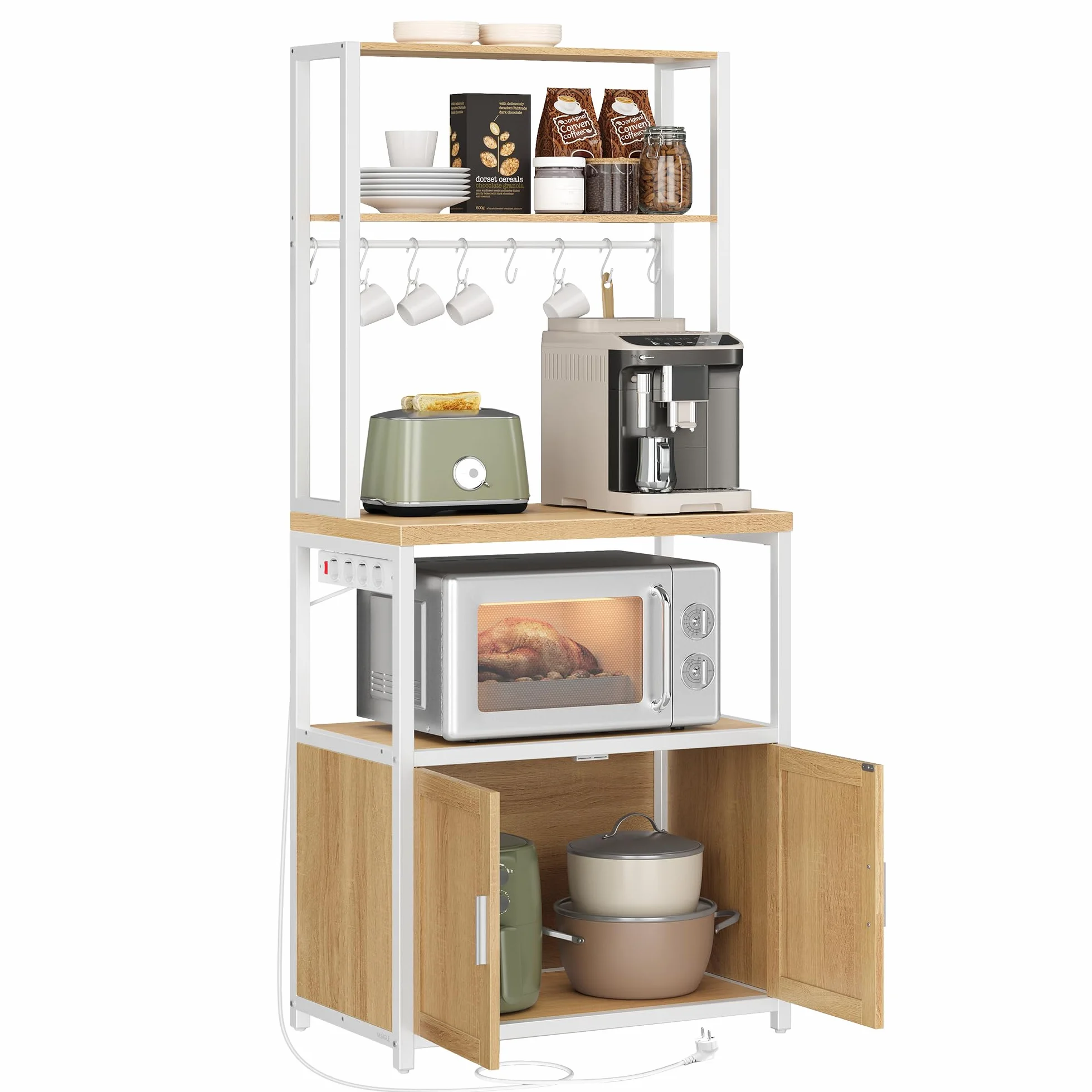 VASAGLE Étagère de Cuisine avec Multiprise, Bar à Café, 90 cm, 40 x 60 x 170 cm, Doré Chêne et Blanc Nuage