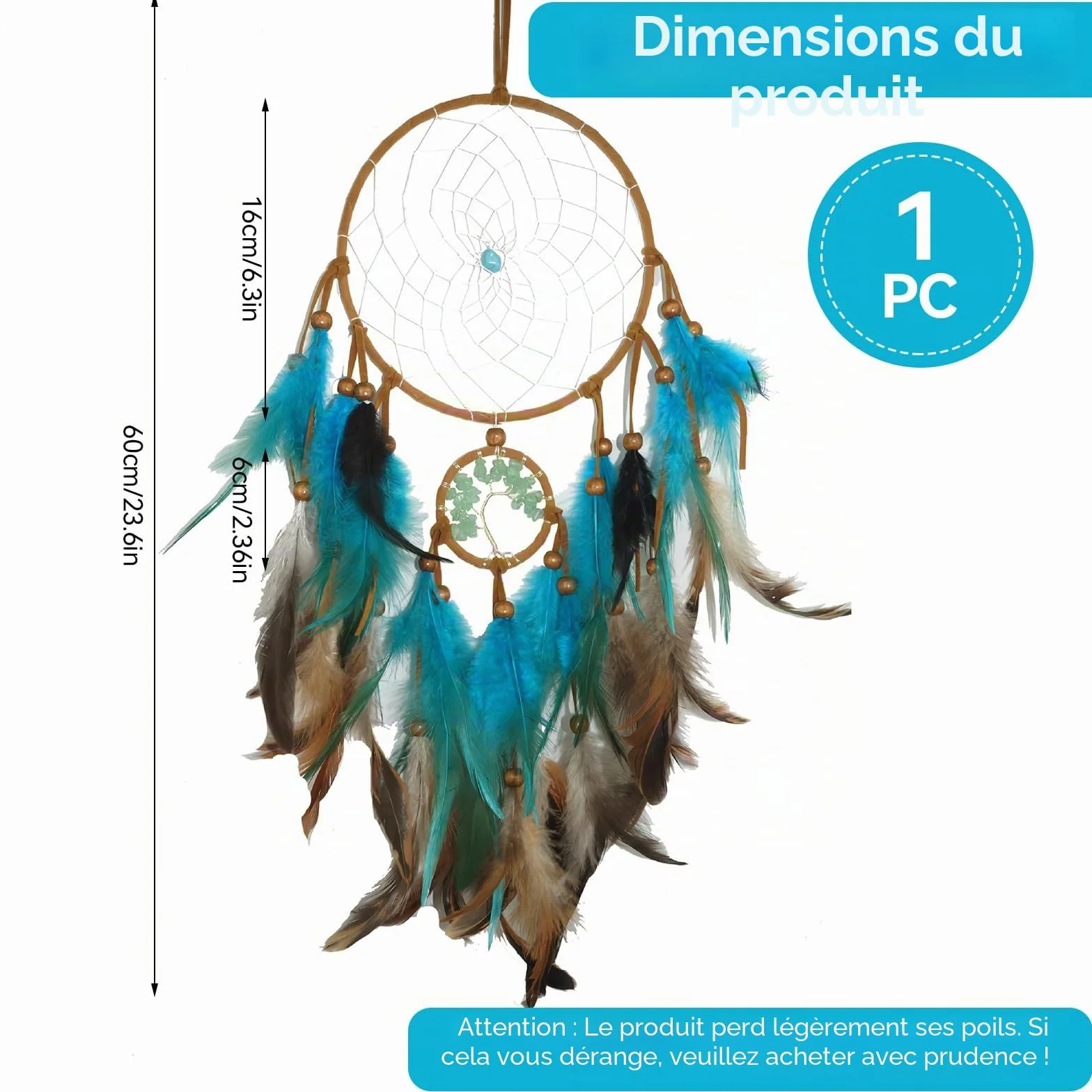 Attrape Rêve 60 cm Bleu Vintage Plumes Fait Main Bohème Grand Capteur de Rêves Décoration Murale