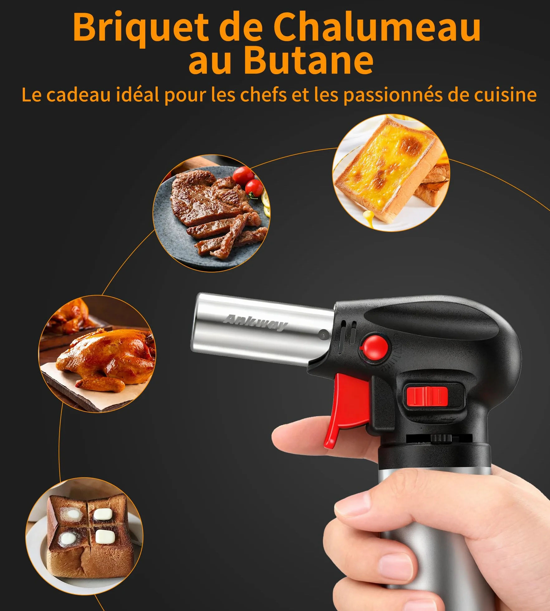 Ankway Chalumeau de Cuisine Rechargeable avec Verrouillage de Sécurité et Flamme Réglable, Argent
