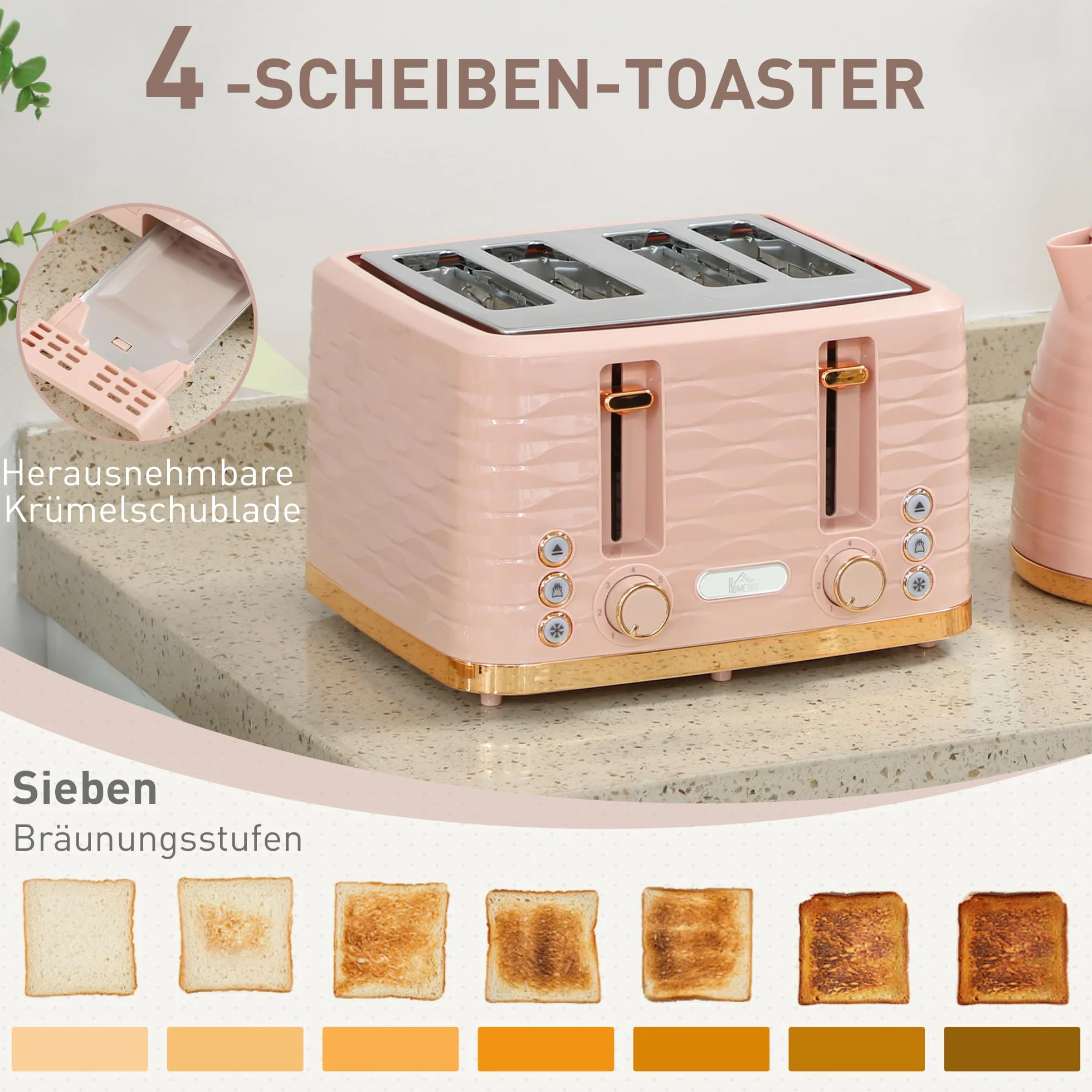 HOMCOM Set petit-déjeuner bouilloire 1,7 L grille-pain 4 tranches 2200 W 7 niveaux grillage thermostat Otter rose
