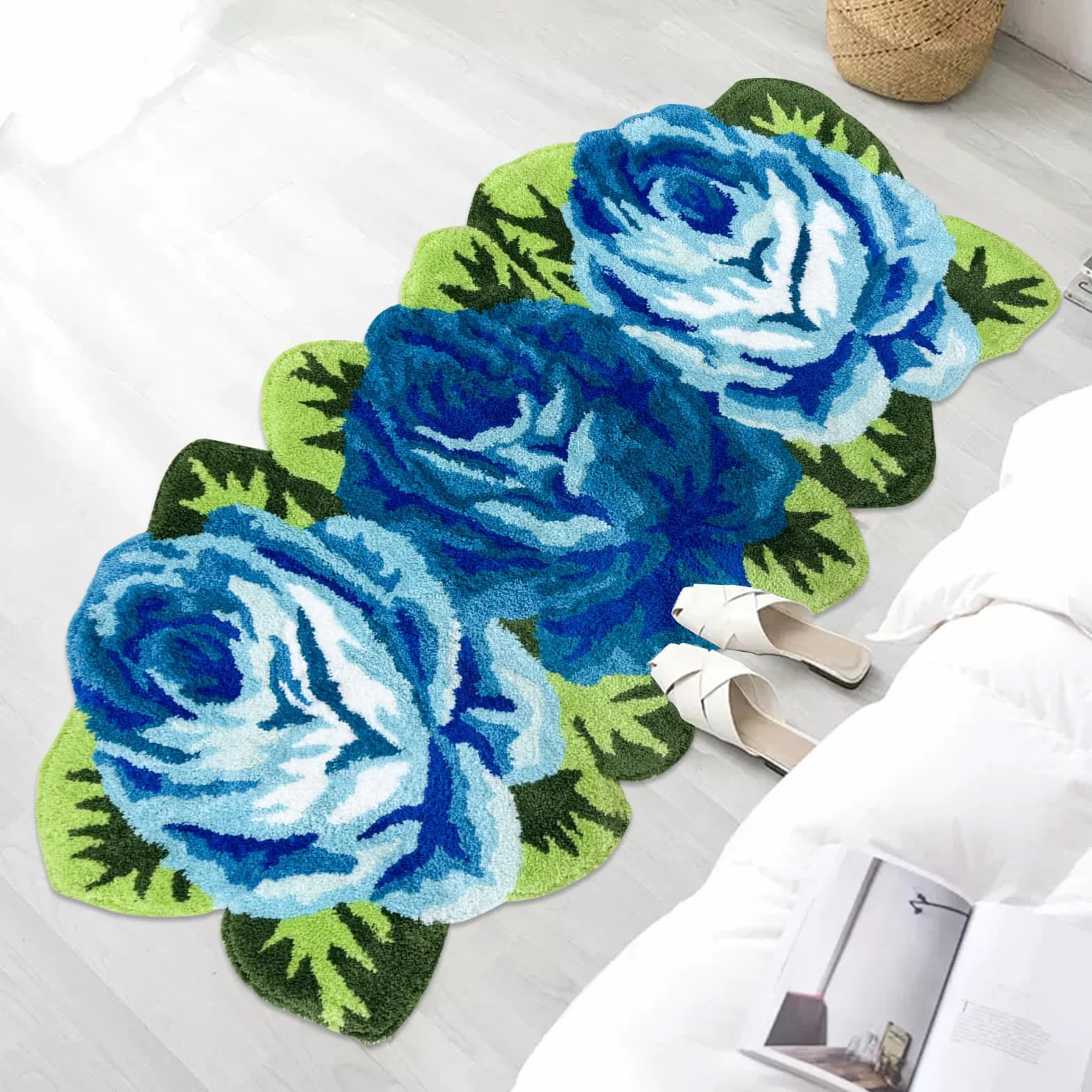 Tapis de sol fait à la main 3 roses bleues 65 x 125 cm