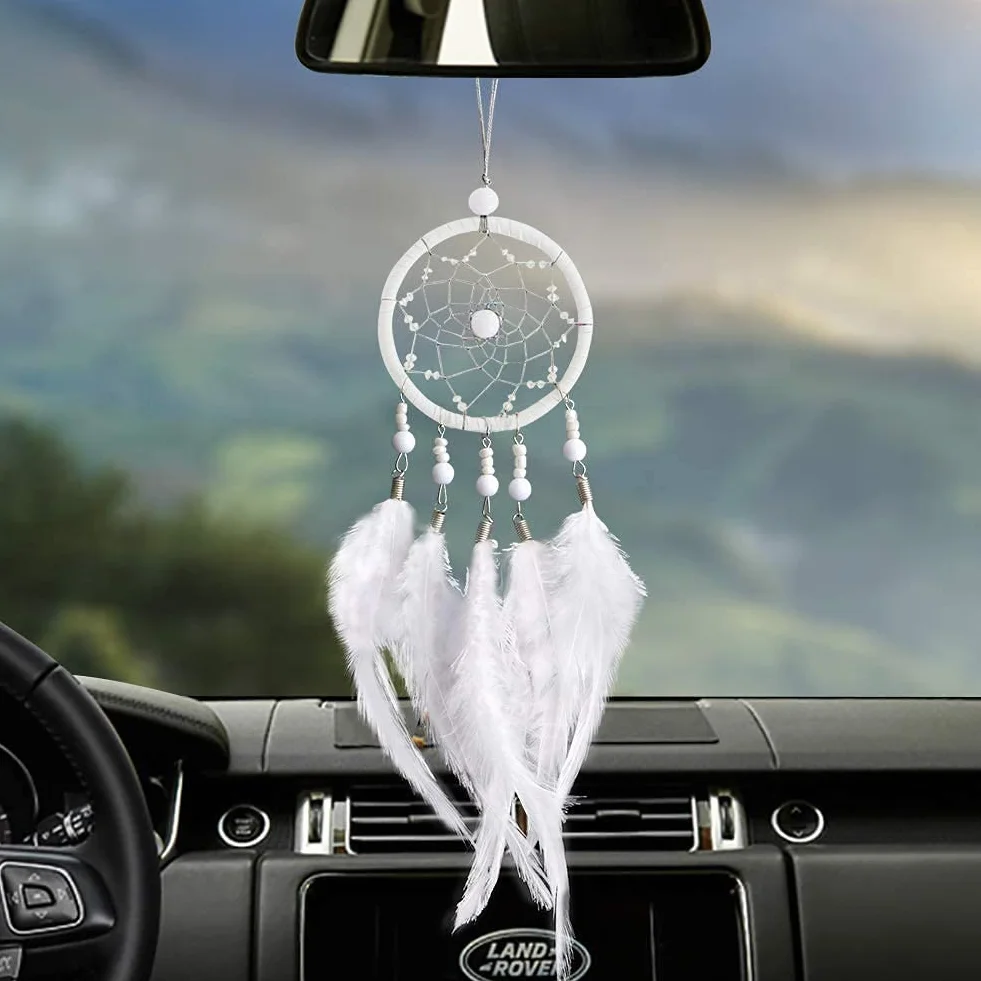 Dream Catcher Ręcznie Robiony Plume Ornament Samochodowy Lusterko Wsteczne Boho Dekoracja Okno Zawieszony Prezent (Blanche)