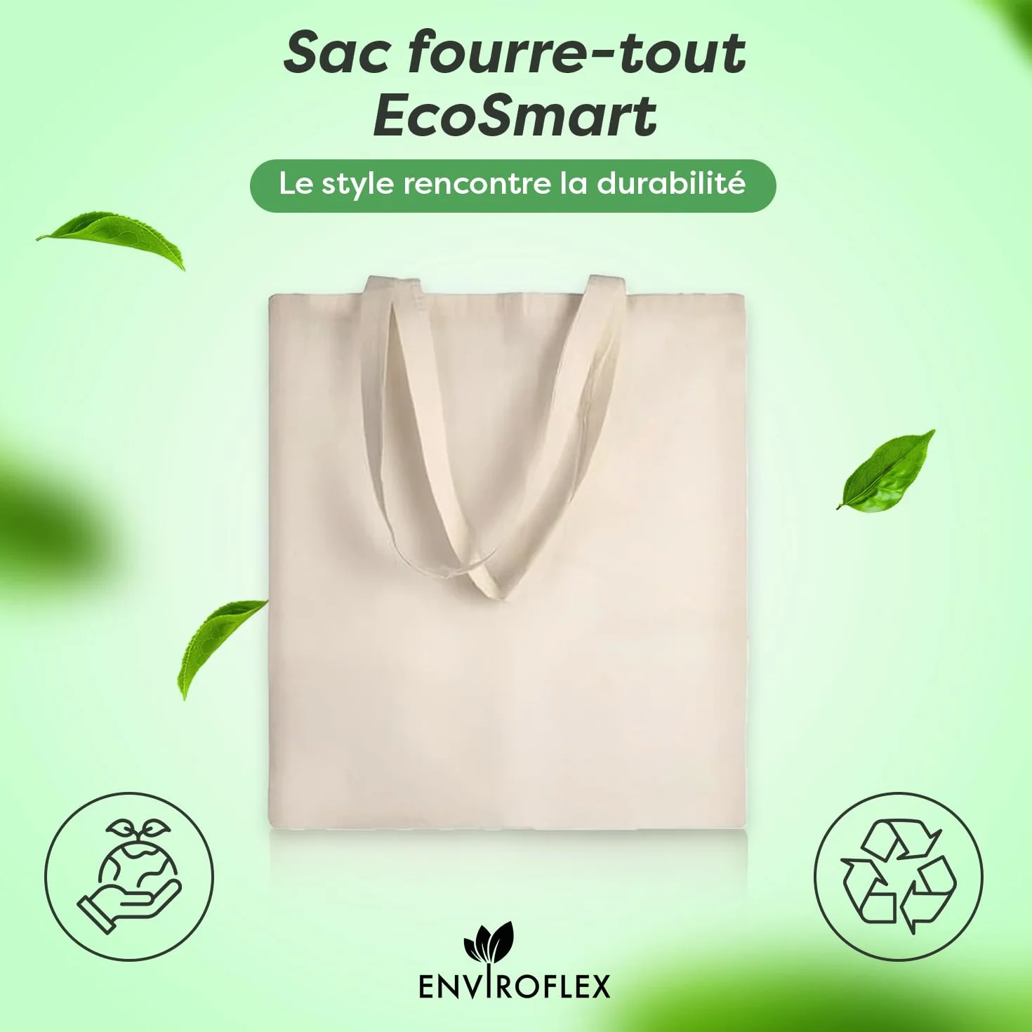Sacs fourre-tout en toile 100% coton 38 x 42 cm réutilisables avec longues poignées