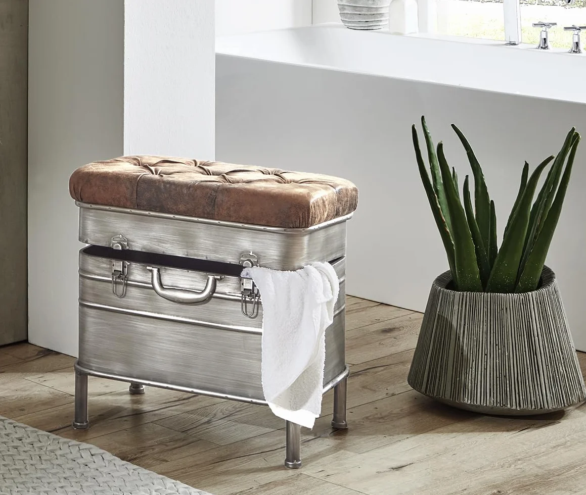 HAKU Banc Vintage Métal Recouvrement Tissu L 51 cm H 48 cm P 34 cm Style Industrial