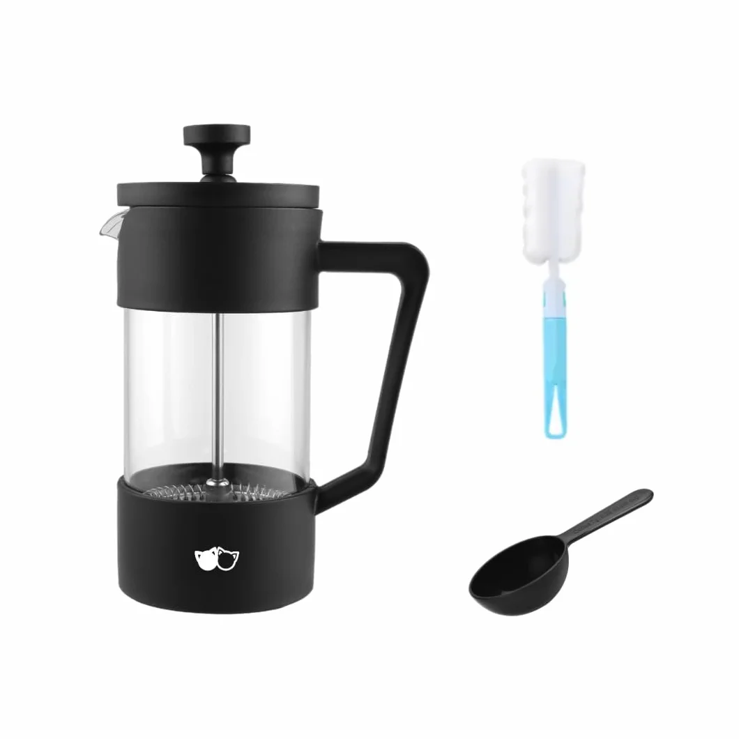 Cafetière à piston W&M en verre borosilicate et acier inoxydable, triple filtre - Noir