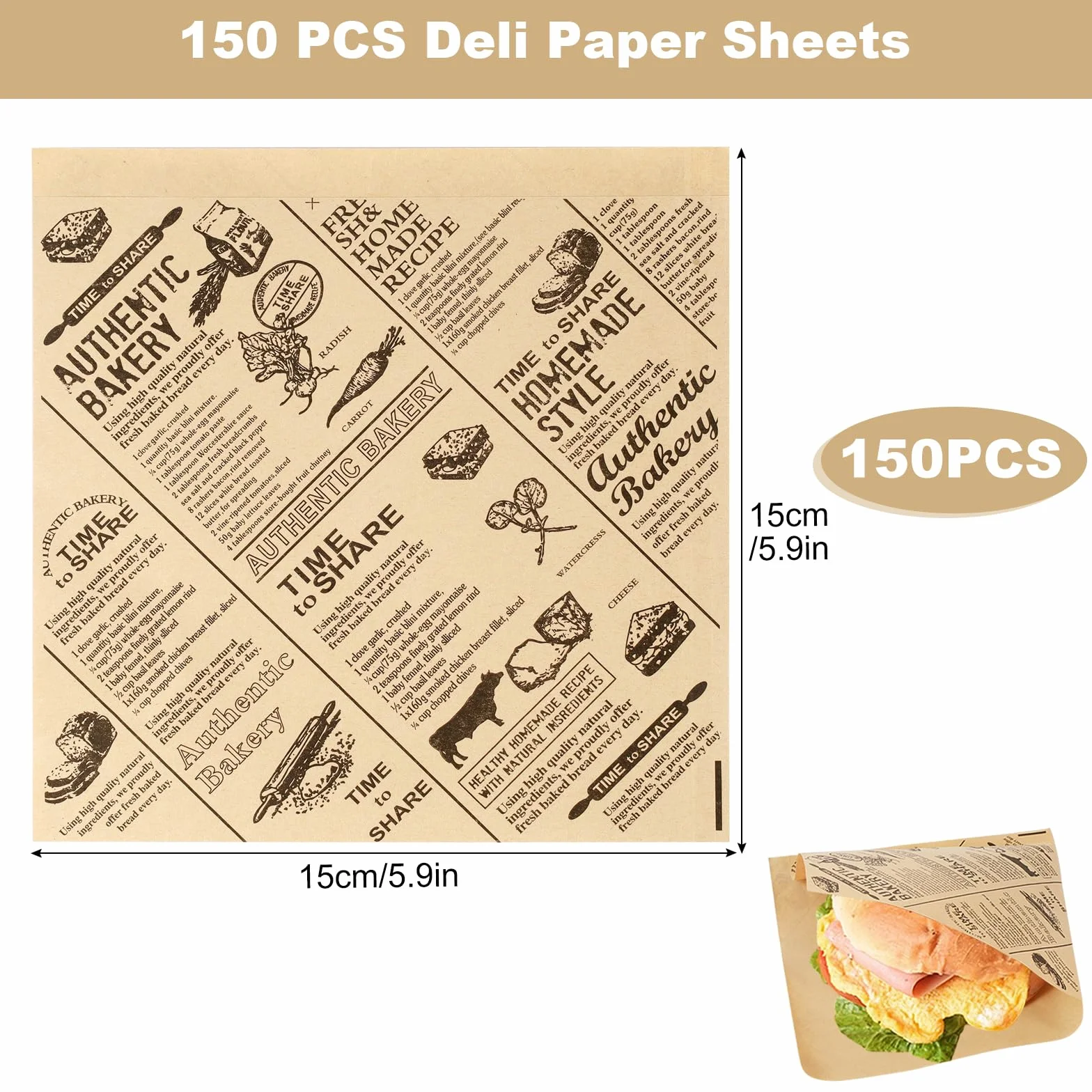 Papier Emballage Alimentaire 15 x 15 cm 150 PCS pour Sandwich Burger Frites