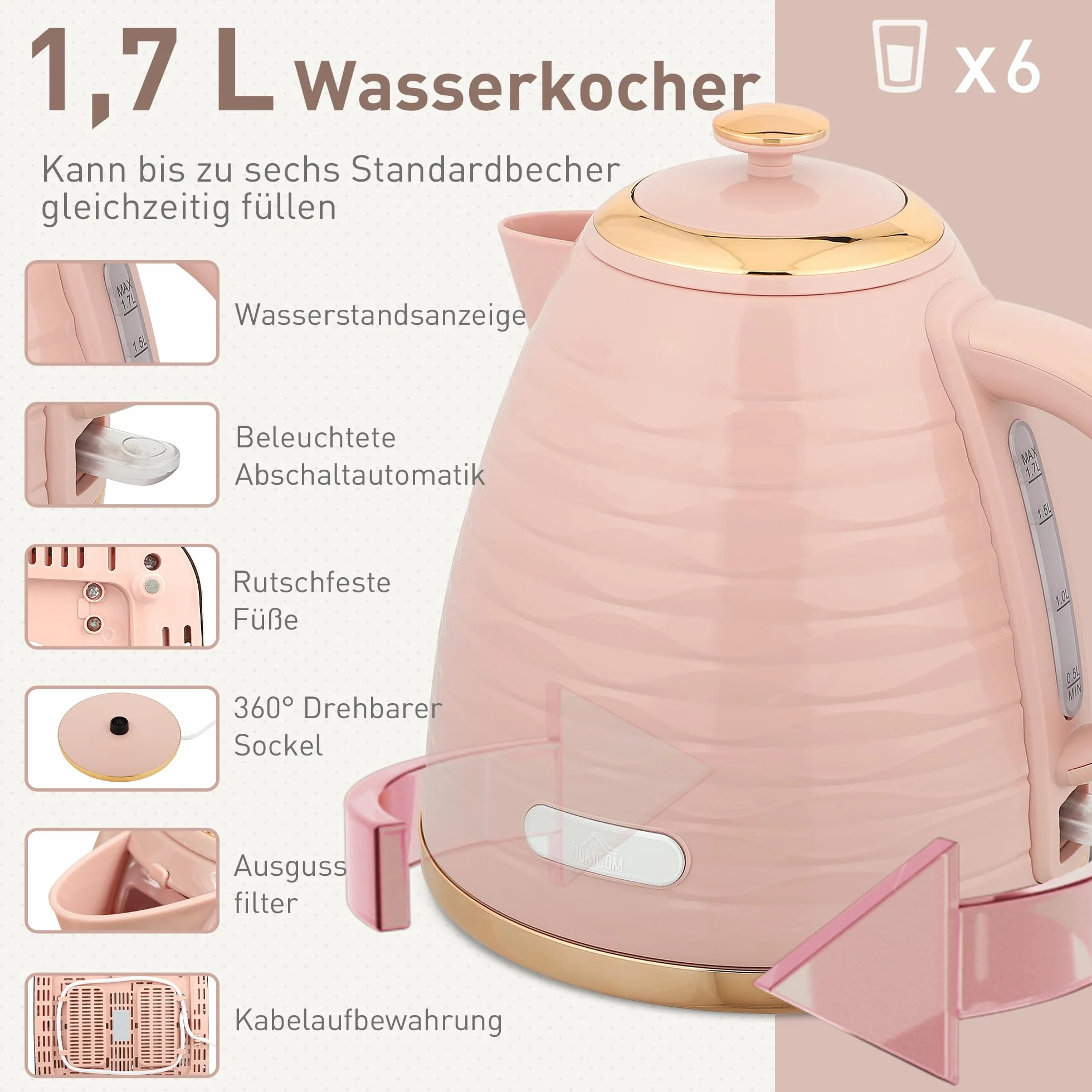 HOMCOM Set petit-déjeuner bouilloire 1,7 L grille-pain 4 tranches 2200 W 7 niveaux grillage thermostat Otter rose