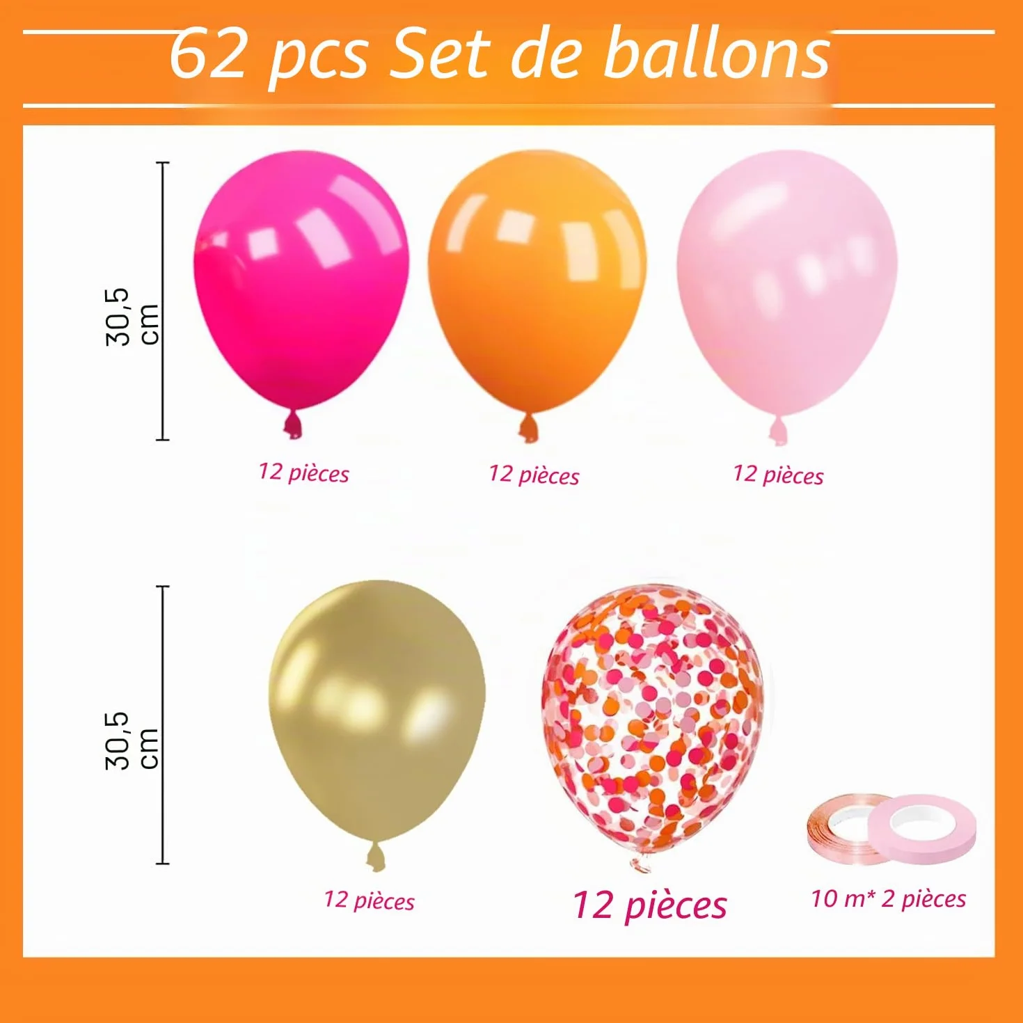 Ballons Rose Orange 60 Pièces Anniversaire Fille Latex Hélium Métallique Or Confettis Décoration Fête