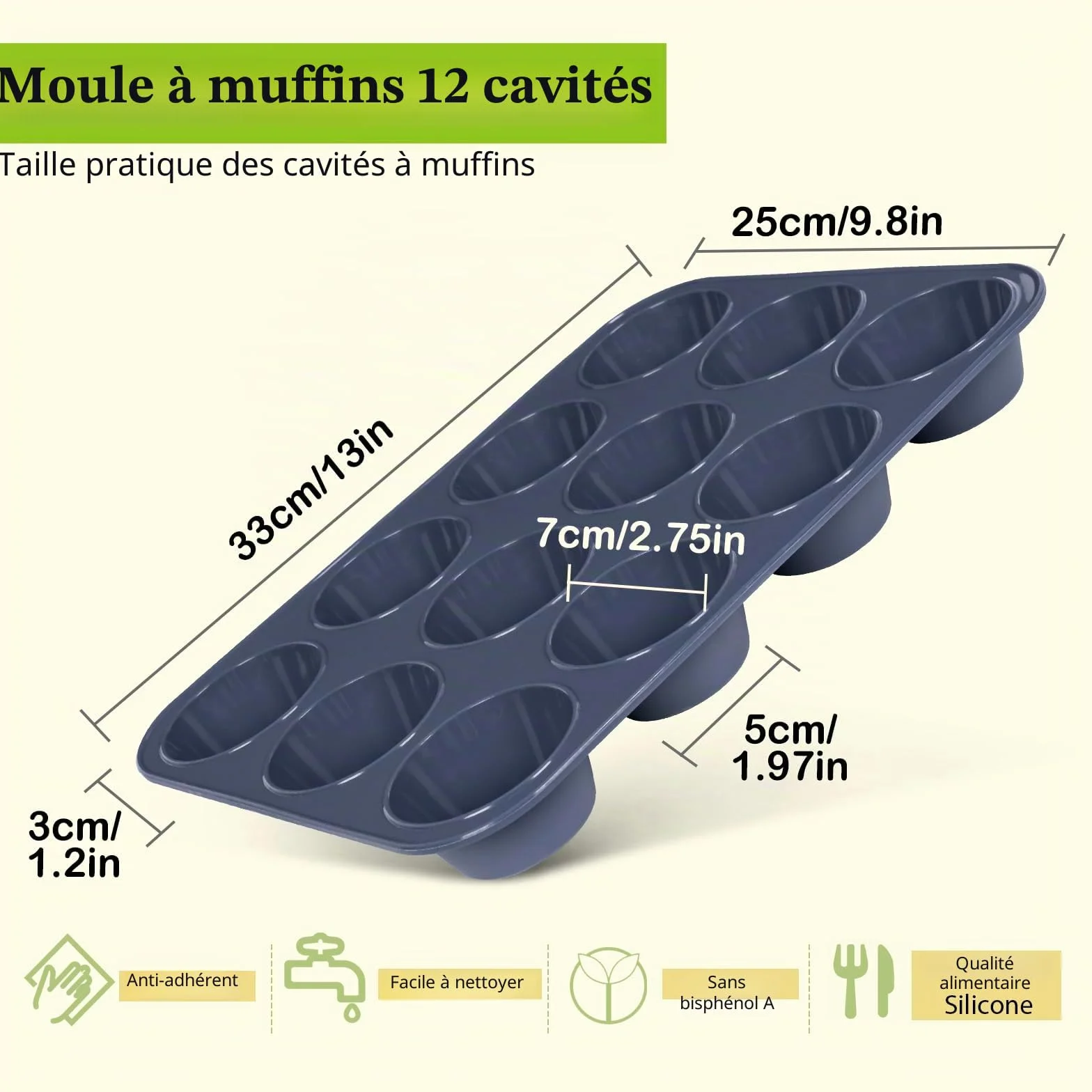 Moule à Muffins en Silicone Anti-adhésif 33 x 25 x 3 cm Gris Plaque Pâtisserie Cupcakes Brownies Pudding