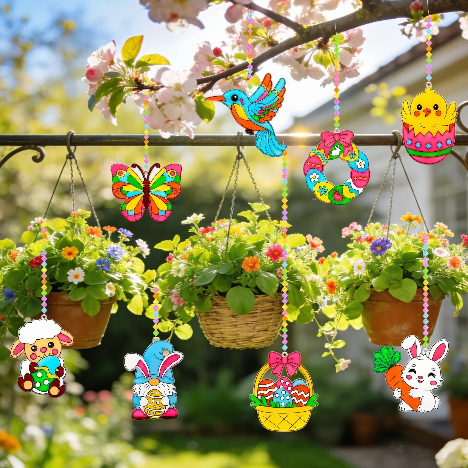 Kit de 24 Décorations Pâques à Suspendre, œufs Lapin Poulet Papillon Oiseaux à Peindre, Attrape-soleil Pendentif Fenêtre