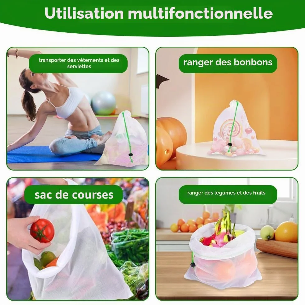 Sac de Cordon en Maille 35 x 30 cm Lavable Anti-Moisissure Nylon Réutilisable Portable pour Shopping Stockage Fruits Légumes