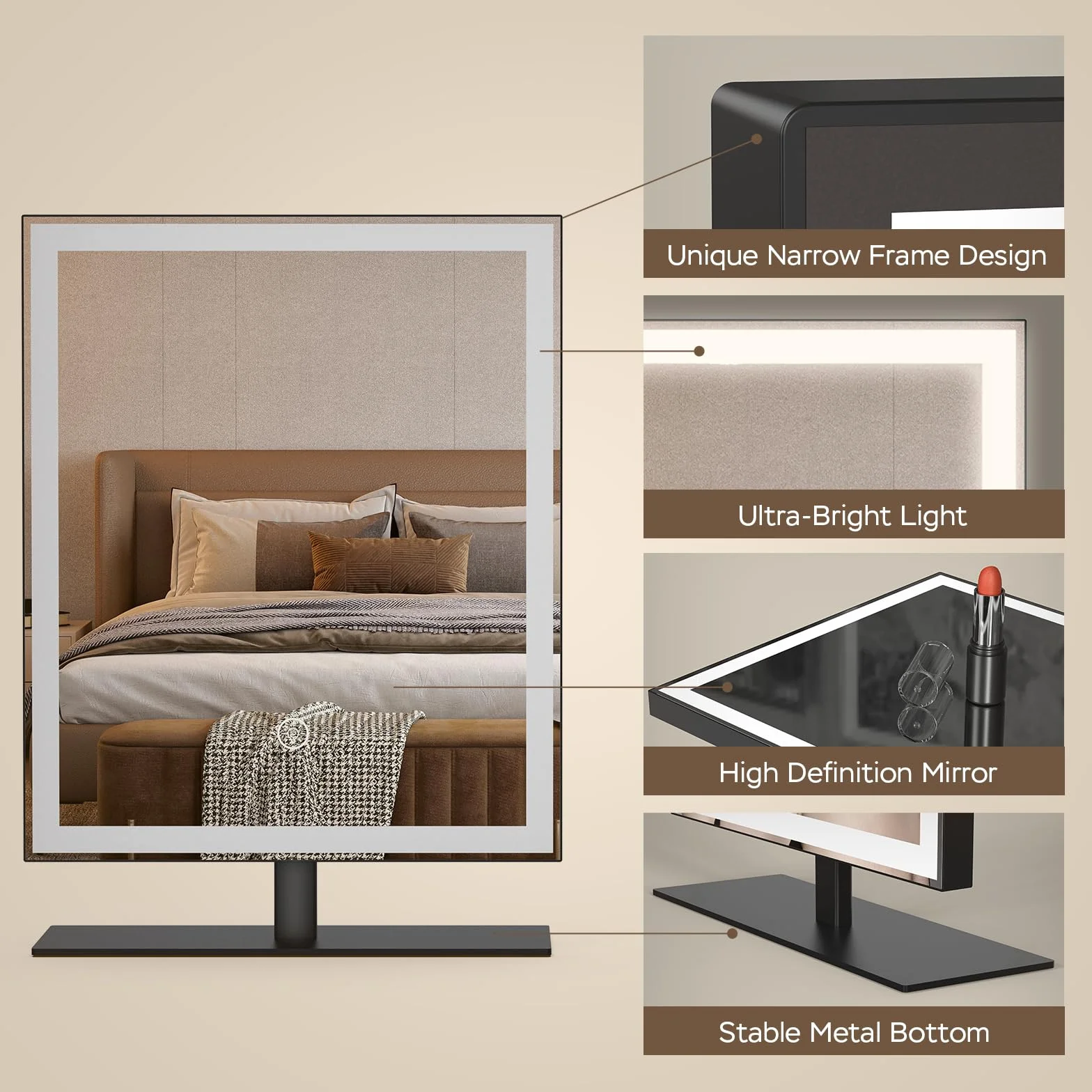 ANTENLICHT Miroir Maquillage LED 3 Modes de Couleur Hollywood Intensité Variable Contrôle Tactile Noir 34 x 25cm